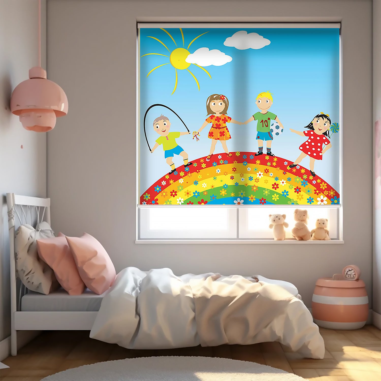 Gökkuşağı ve Çocuklar Baskılı Stor Perde - Güneşlik Perdesi - Erkek Çocuk Odası Perdesi - AD HOME Tekstil