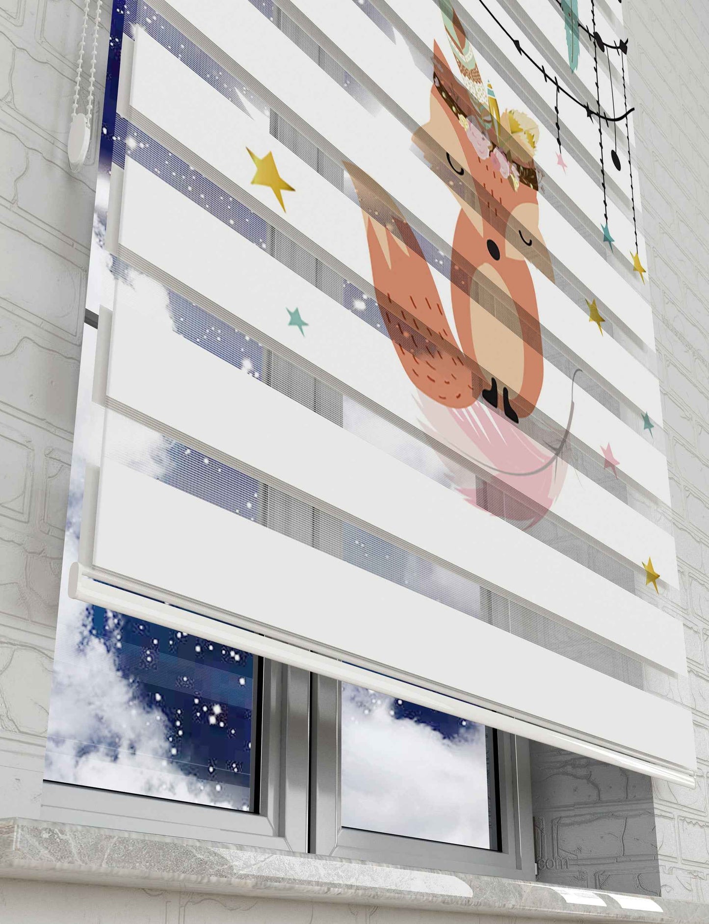 Sevimli Tilki Ve Yıldızlar Baskılı Zebra Perde - Çocuk Odası Perdesi - AD HOME Tekstil