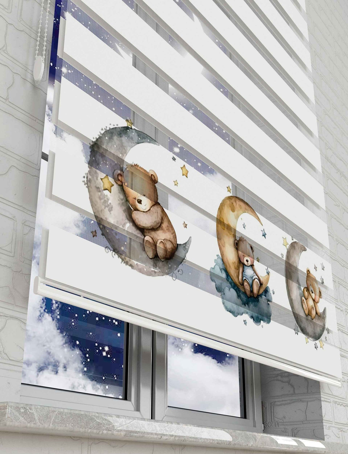 Ay Yıldızlar ve Ayıcıklar Baskılı Zebra Perde - Bebek Odası Perdesi - AD HOME Tekstil