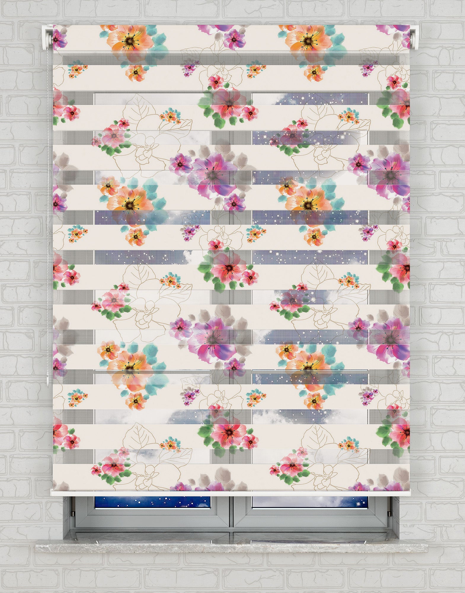 Renkli Çiçekler Baskılı Zebra Perde -Salon Perdesi - AD HOME Tekstil