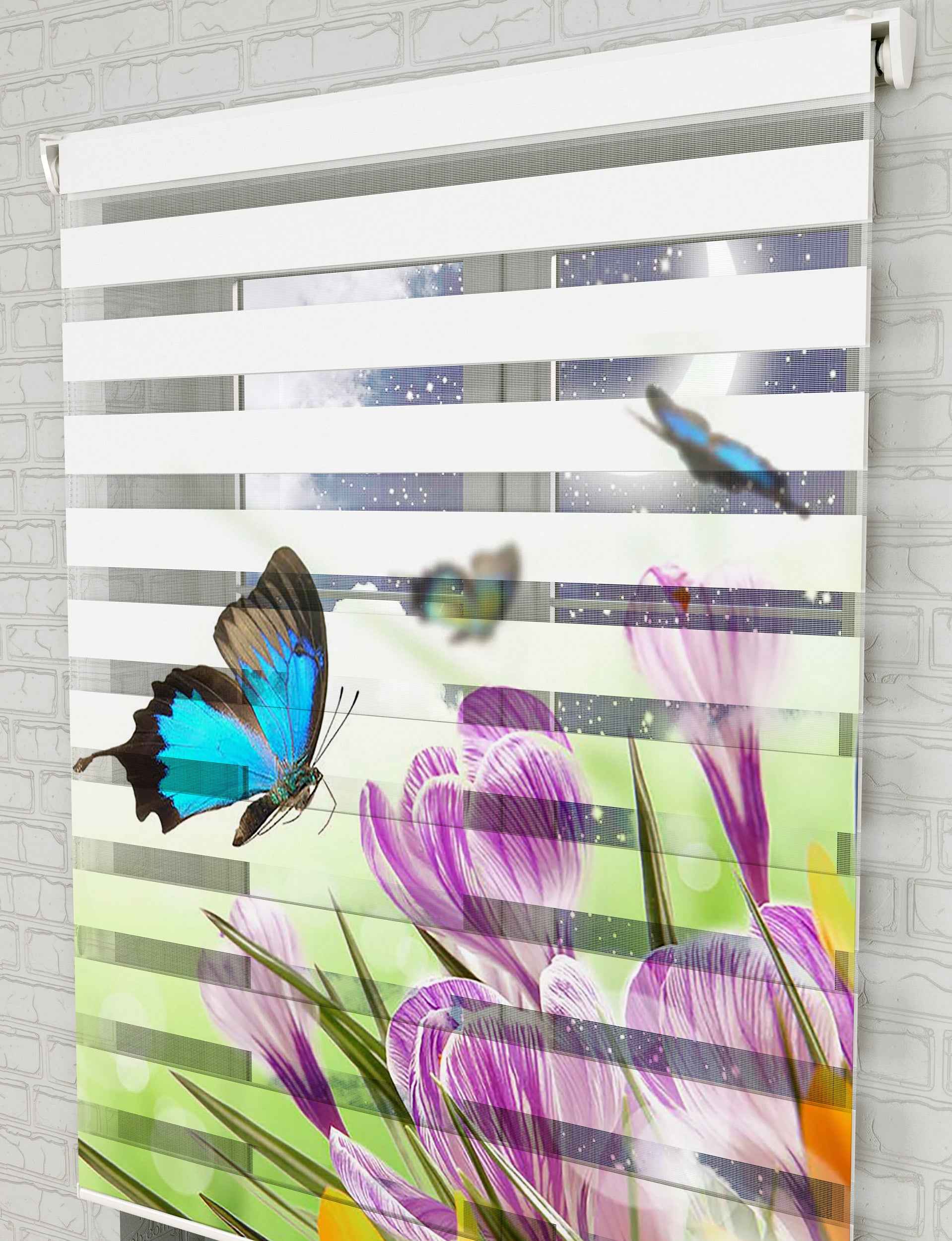 Turkuaz Kelebek ve Çiçekler Baskılı Zebra Perde - Mutfak Perdesi - AD HOME Tekstil