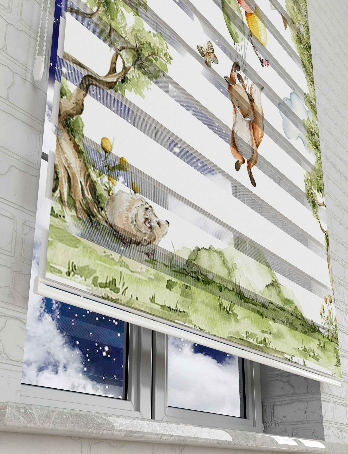 Orman Balonlar ve Tilki Baskılı Zebra Perde - Bebek Odası Perdesi - AD HOME Tekstil