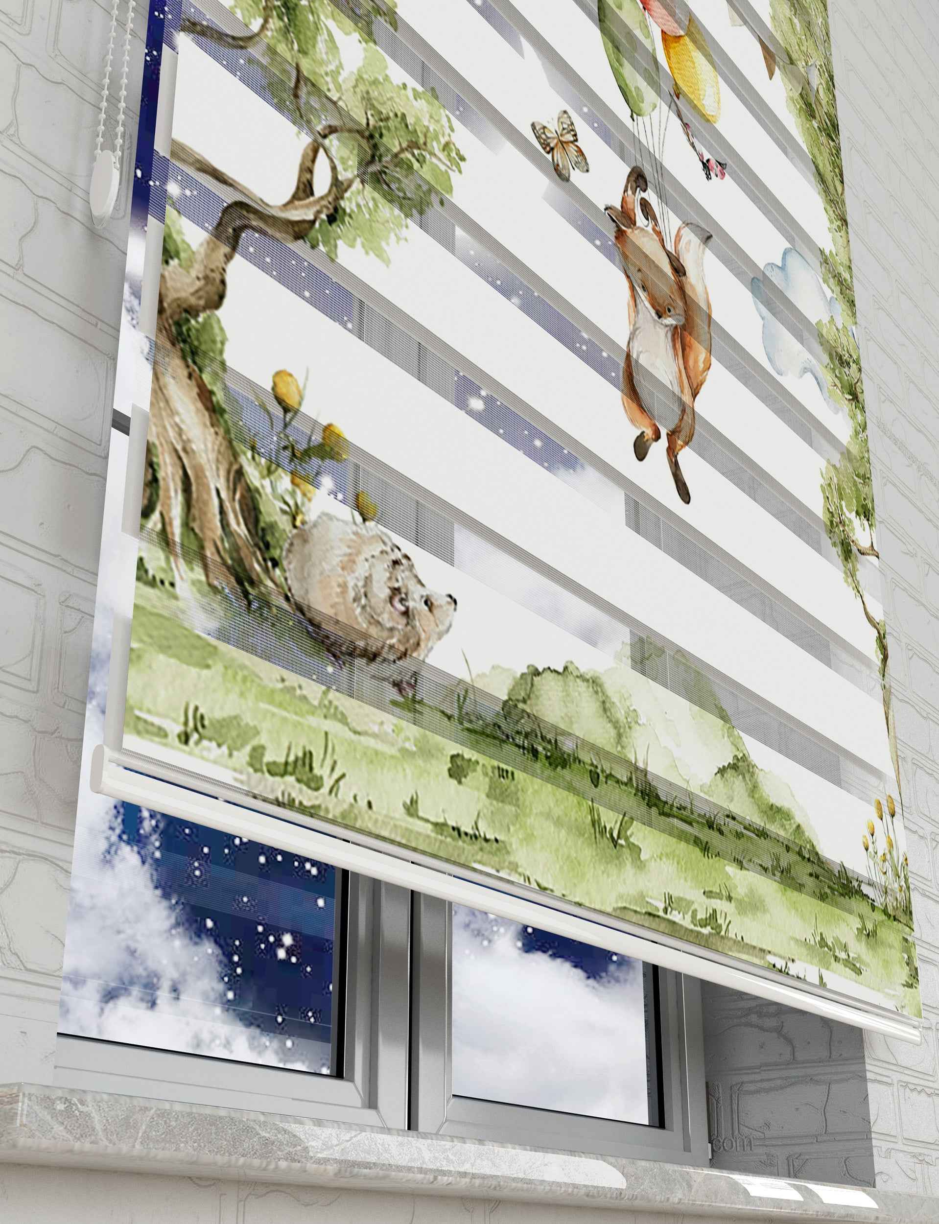 Orman Balonlar ve Tilki Baskılı Zebra Perde - Bebek Odası Perdesi - AD HOME Tekstil