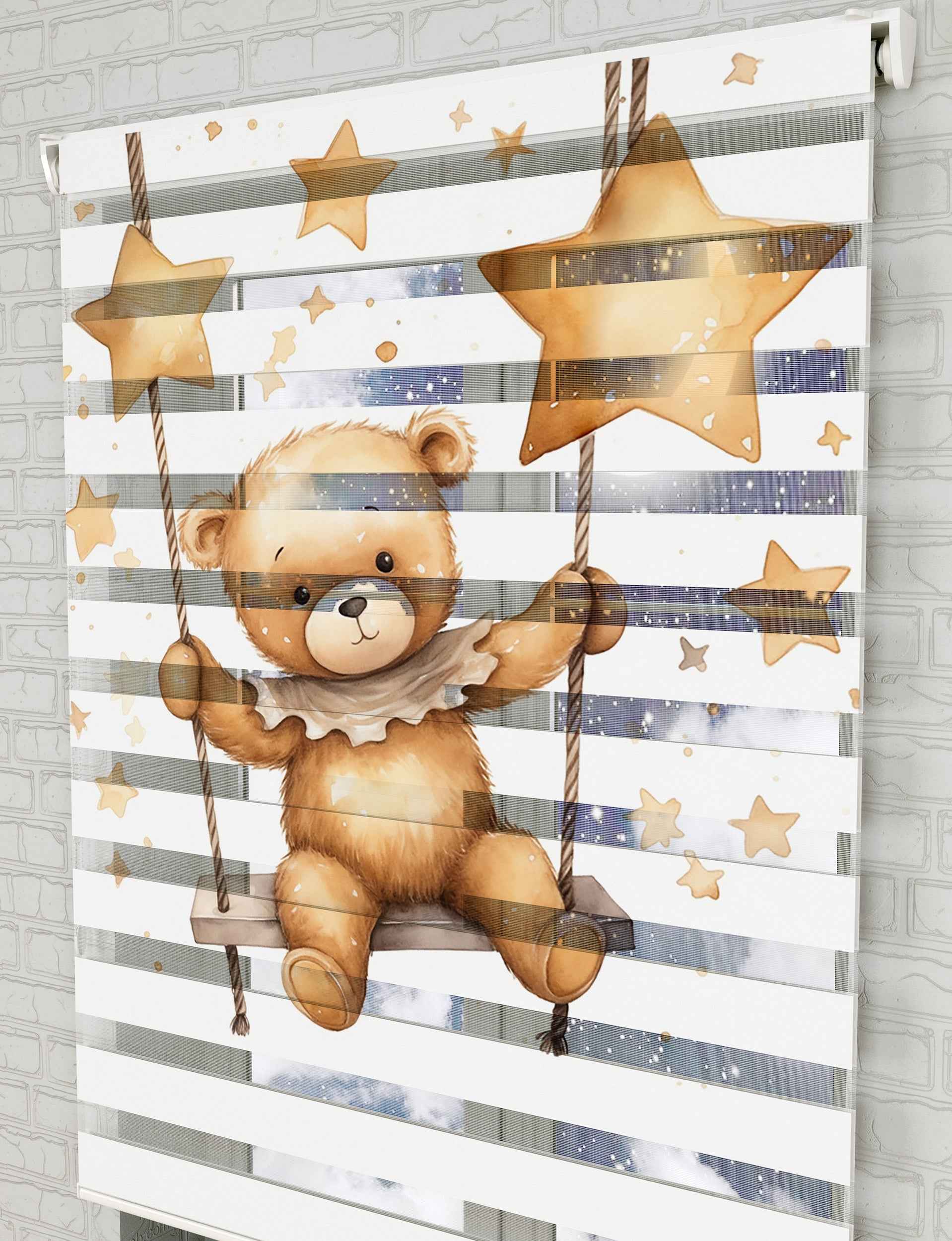 Salıncak ve Ayıcık Baskılı Zebra Perde - Bebek Odası Perdesi - AD HOME Tekstil