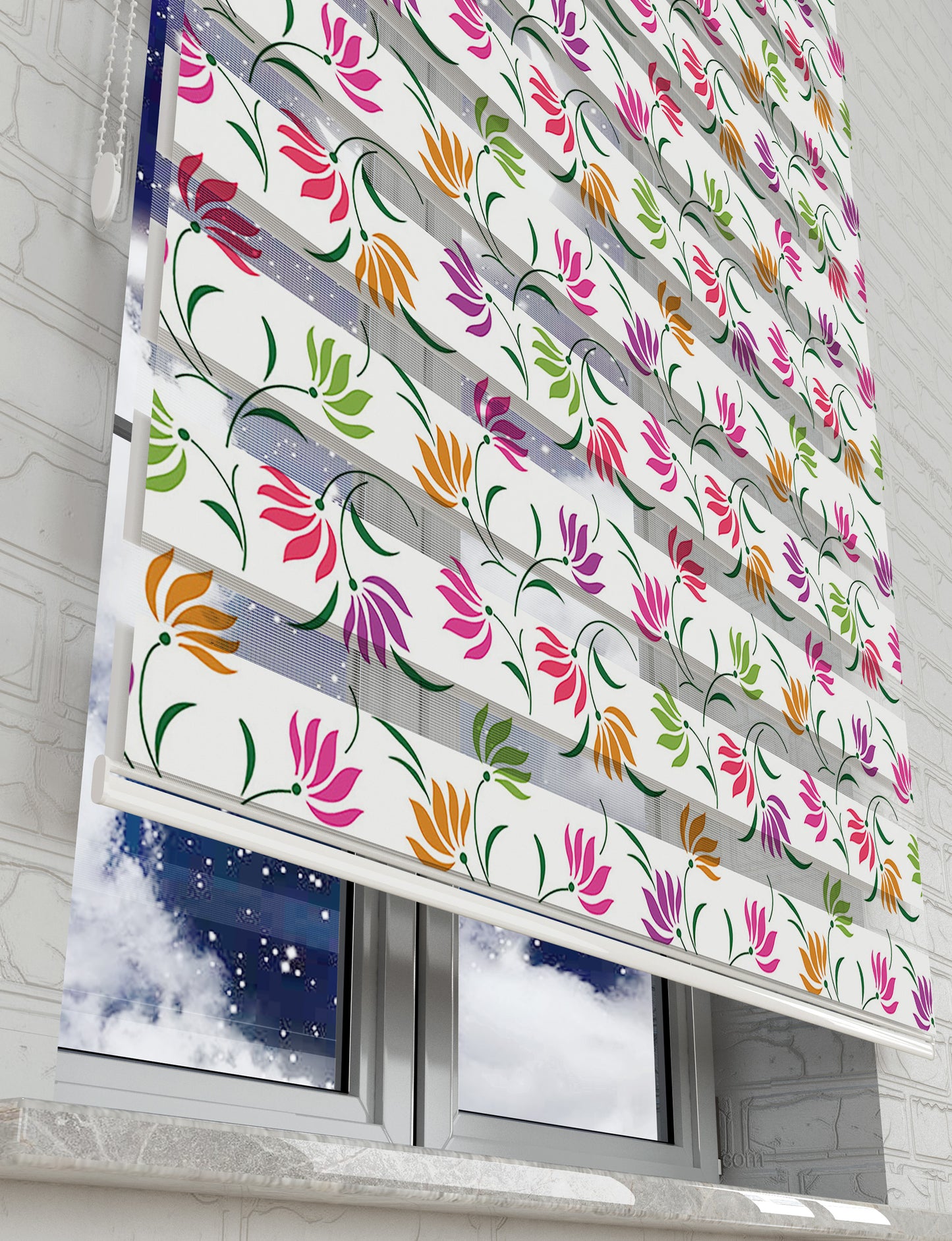 Çiçekler Vektör Baskılı Zebra Perde -Mutfak Perdesi - AD HOME Tekstil