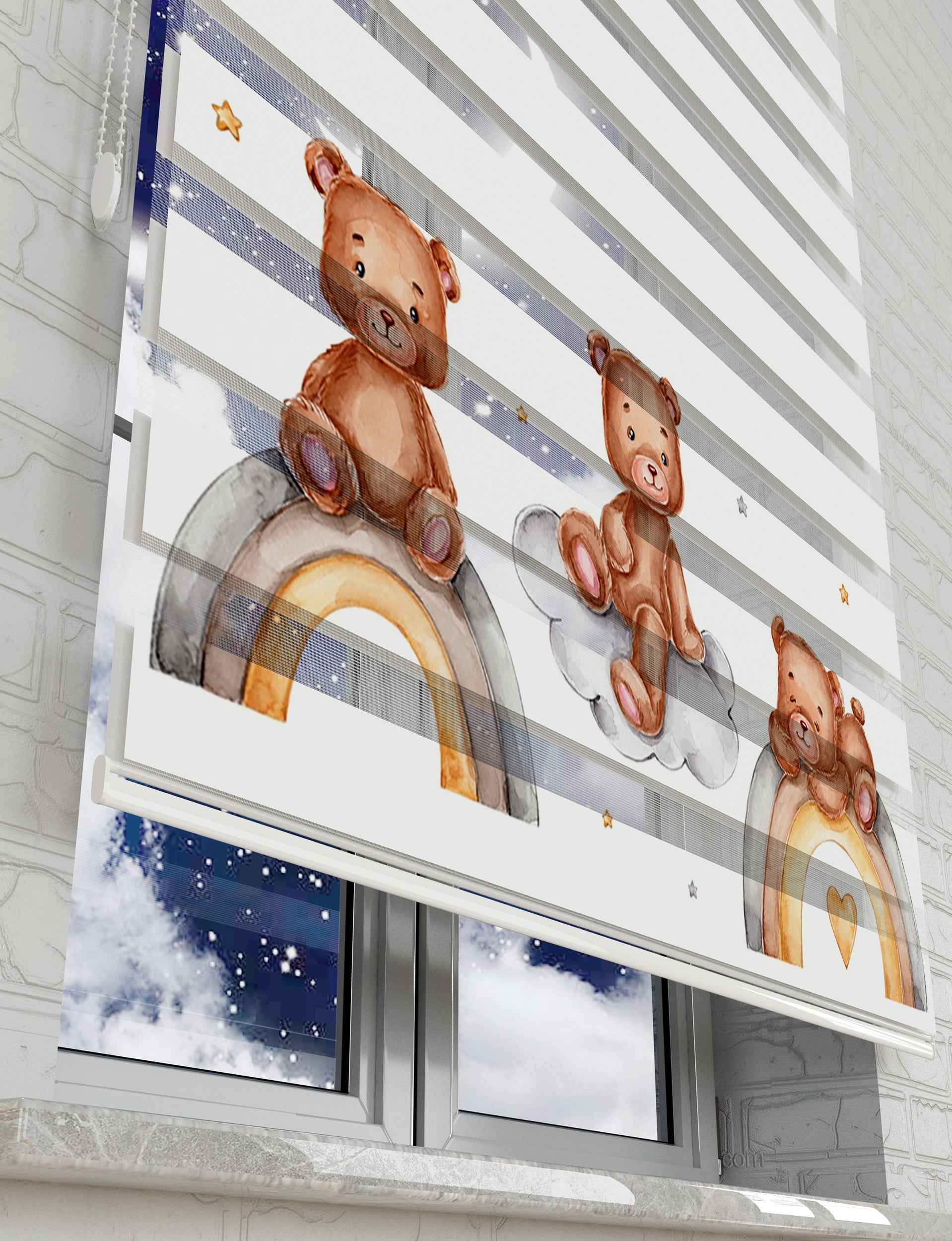 Gökkuşağı ve Sevimli Ayıcıklar Baskılı Zebra Perde - Bebek Odası Perdesi - AD HOME Tekstil