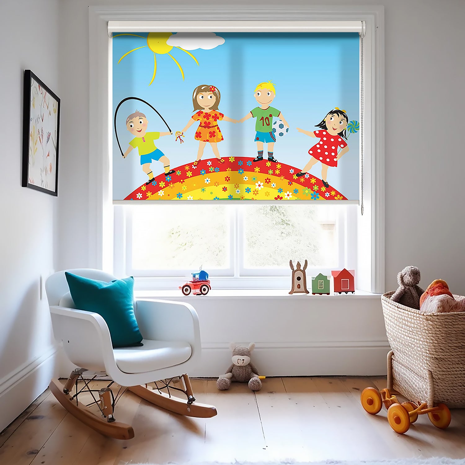 Gökkuşağı ve Çocuklar Baskılı Stor Perde - Güneşlik Perdesi - Erkek Çocuk Odası Perdesi - AD HOME Tekstil