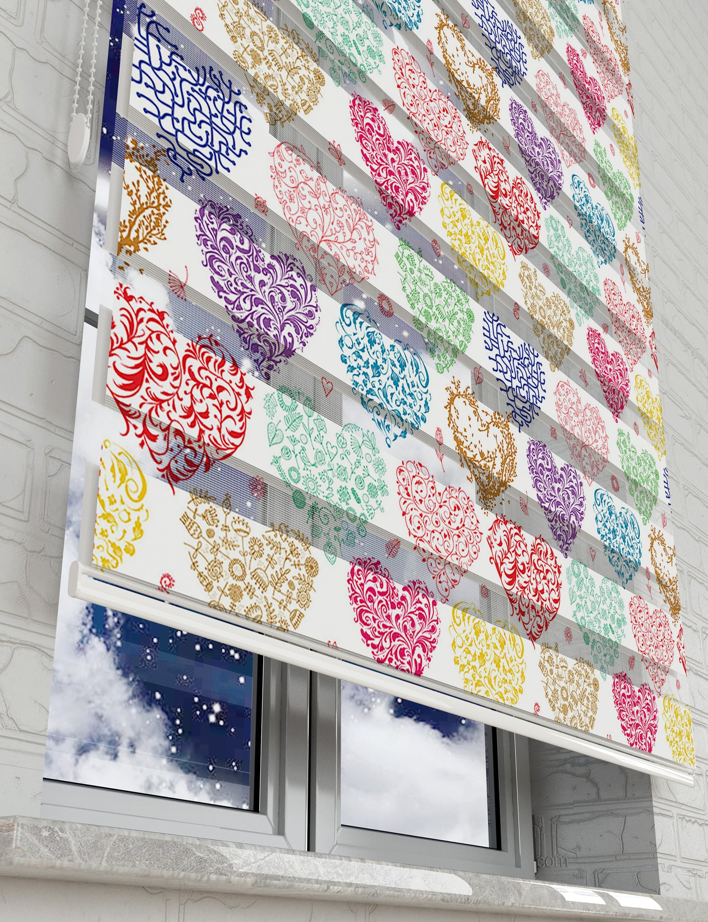 Renkli Kalpler Baskılı Zebra Perde - Kız Çocuk Odası Perdesi - AD HOME Tekstil