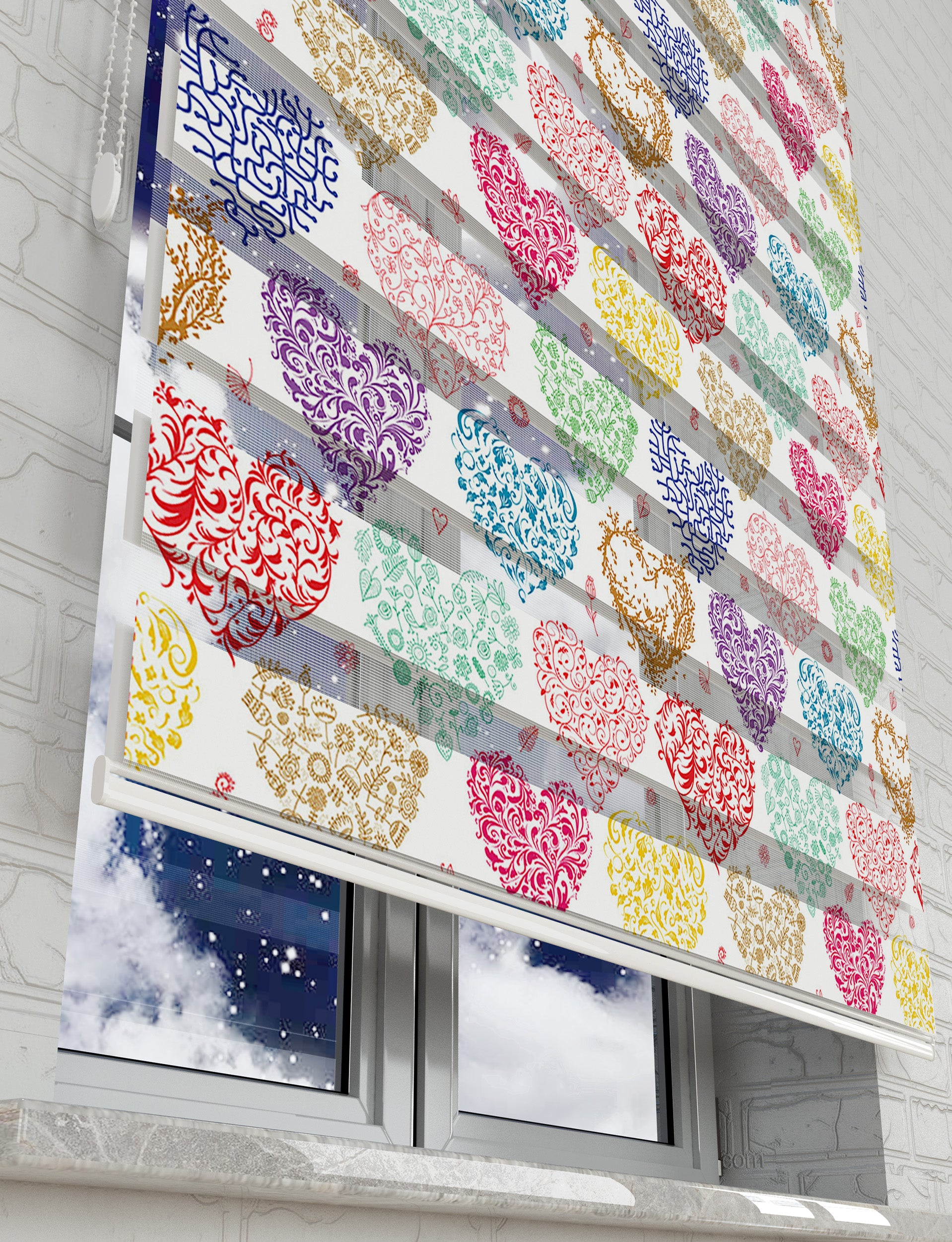 Renkli Kalpler Baskılı Zebra Perde - Kız Çocuk Odası Perdesi - AD HOME Tekstil