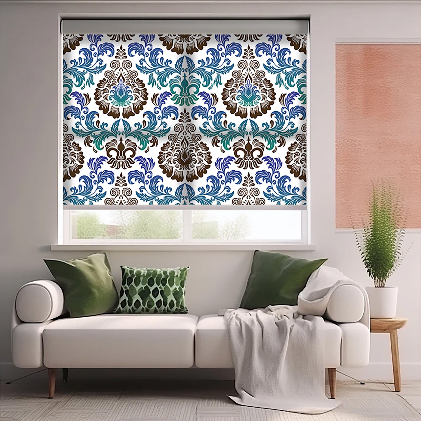 Turkuaz Damask Baskılı Stor Perde - Güneşlik - Mutfak Perde, Salon Perde, Yatak Odası Perde,