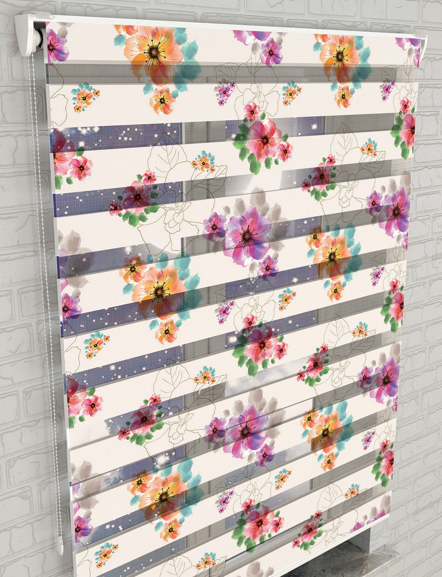 Renkli Çiçekler Baskılı Zebra Perde -Salon Perdesi - AD HOME Tekstil