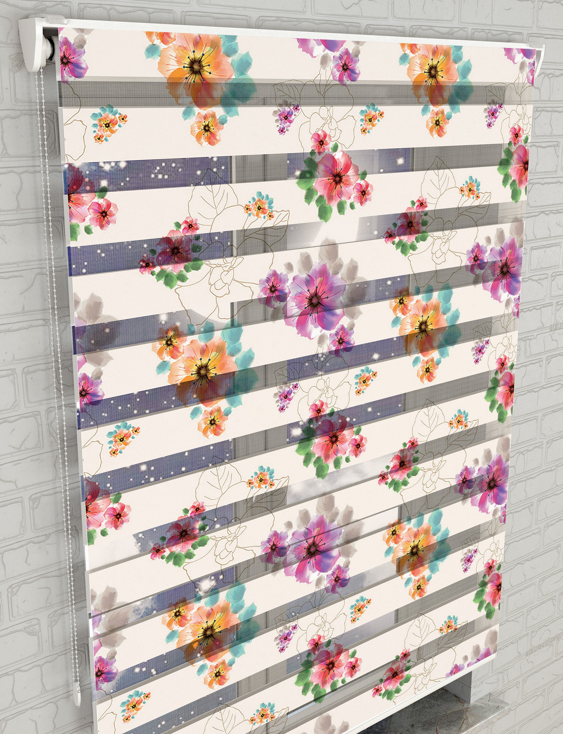 Renkli Çiçekler Baskılı Zebra Perde -Salon Perdesi - AD HOME Tekstil