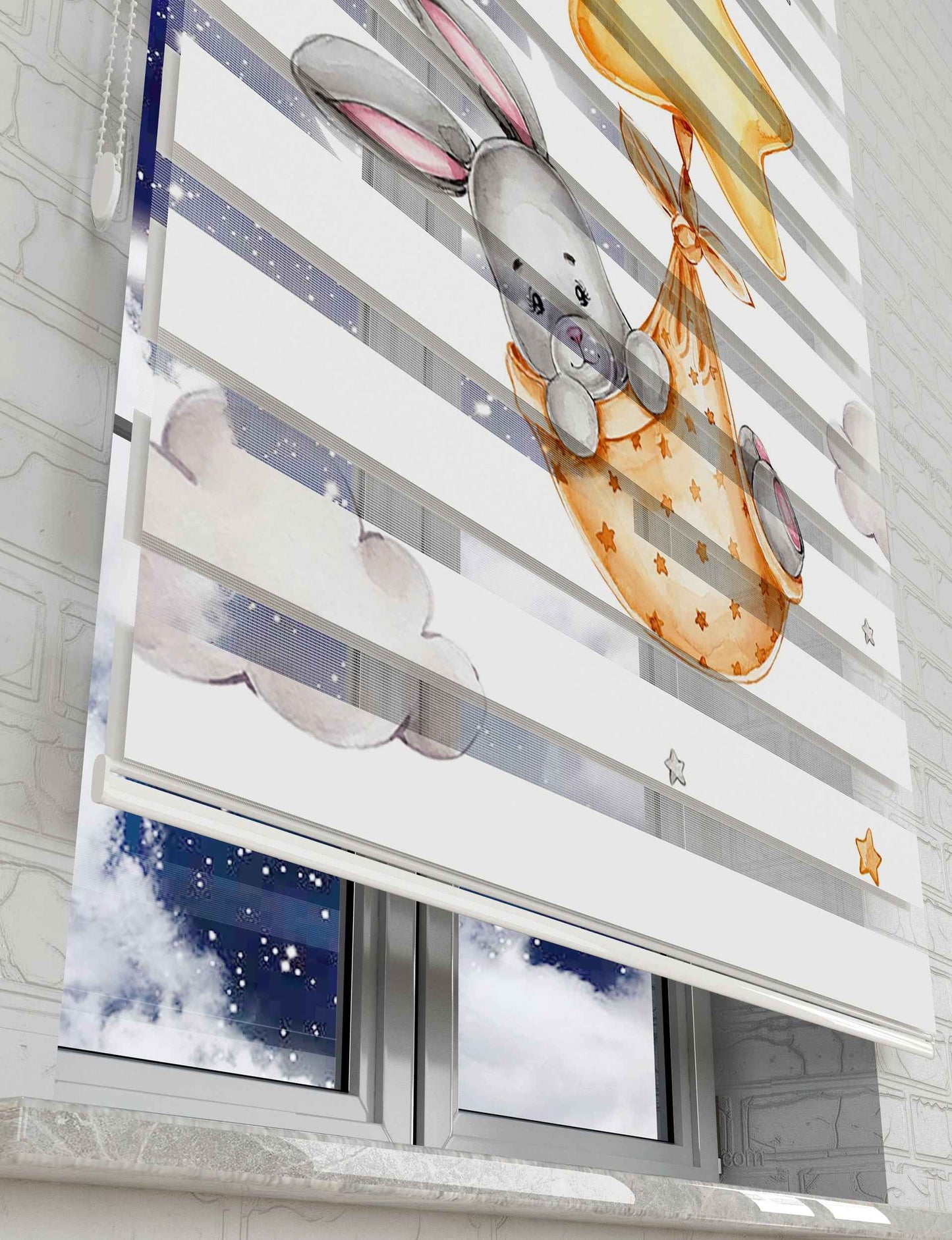 Yıldızlı Sepette Tavşan Baskılı Zebra Perde - Bebek Odası Perdesi - AD HOME Tekstil