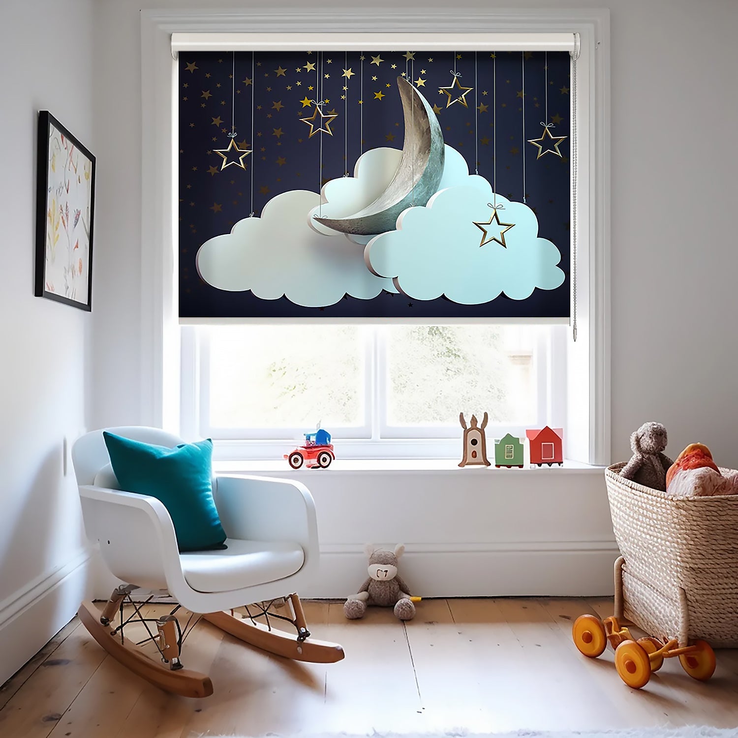 Ay ve Bulutlar Baskılı Stor Perde - Baskılı Güneşlik Perdesi - Bebek Odası Perdesi - AD HOME Tekstil