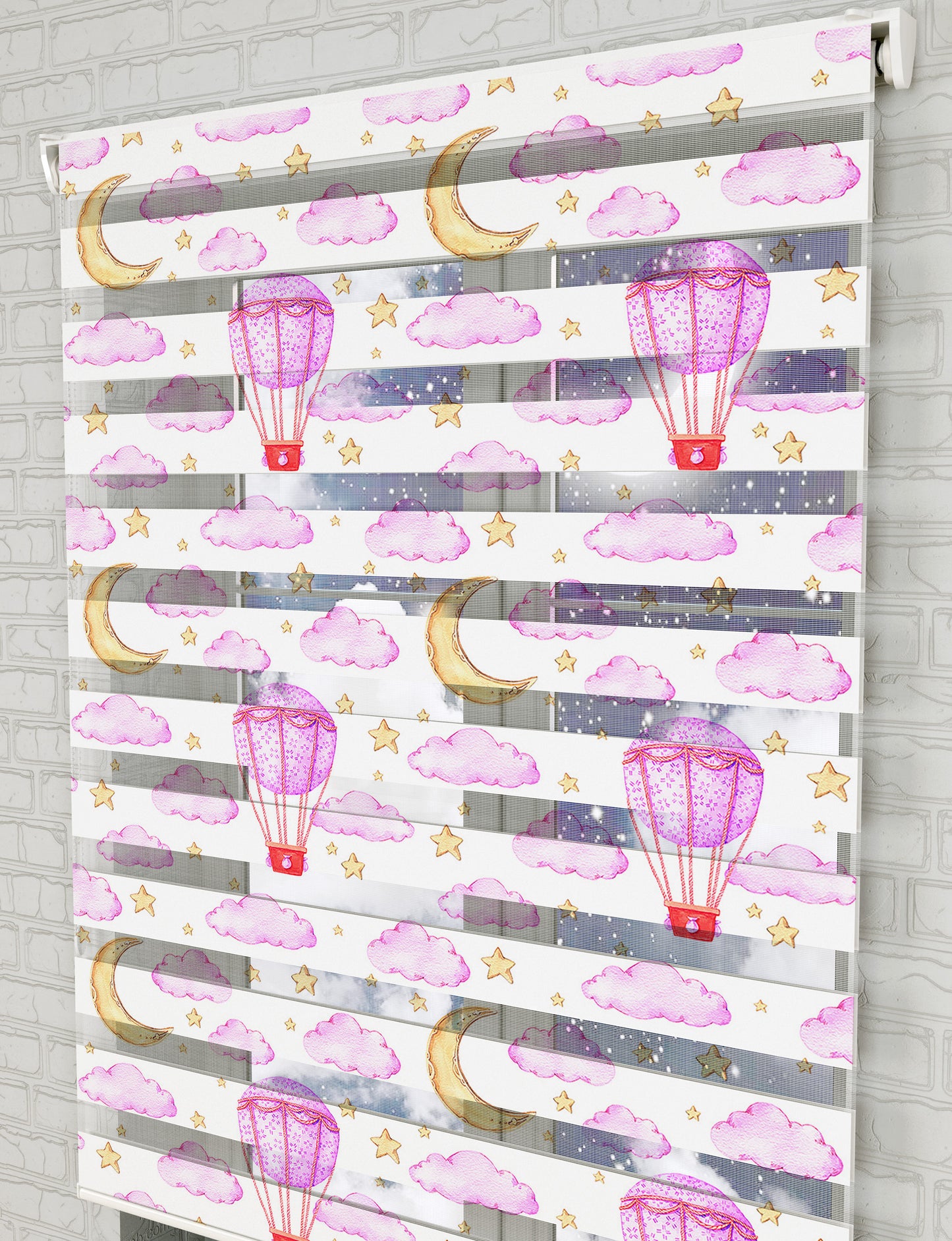 Pembe Bulutlar ve Aydede Baskılı Zebra Perde - Bebek Odası Perdesi - AD HOME Tekstil