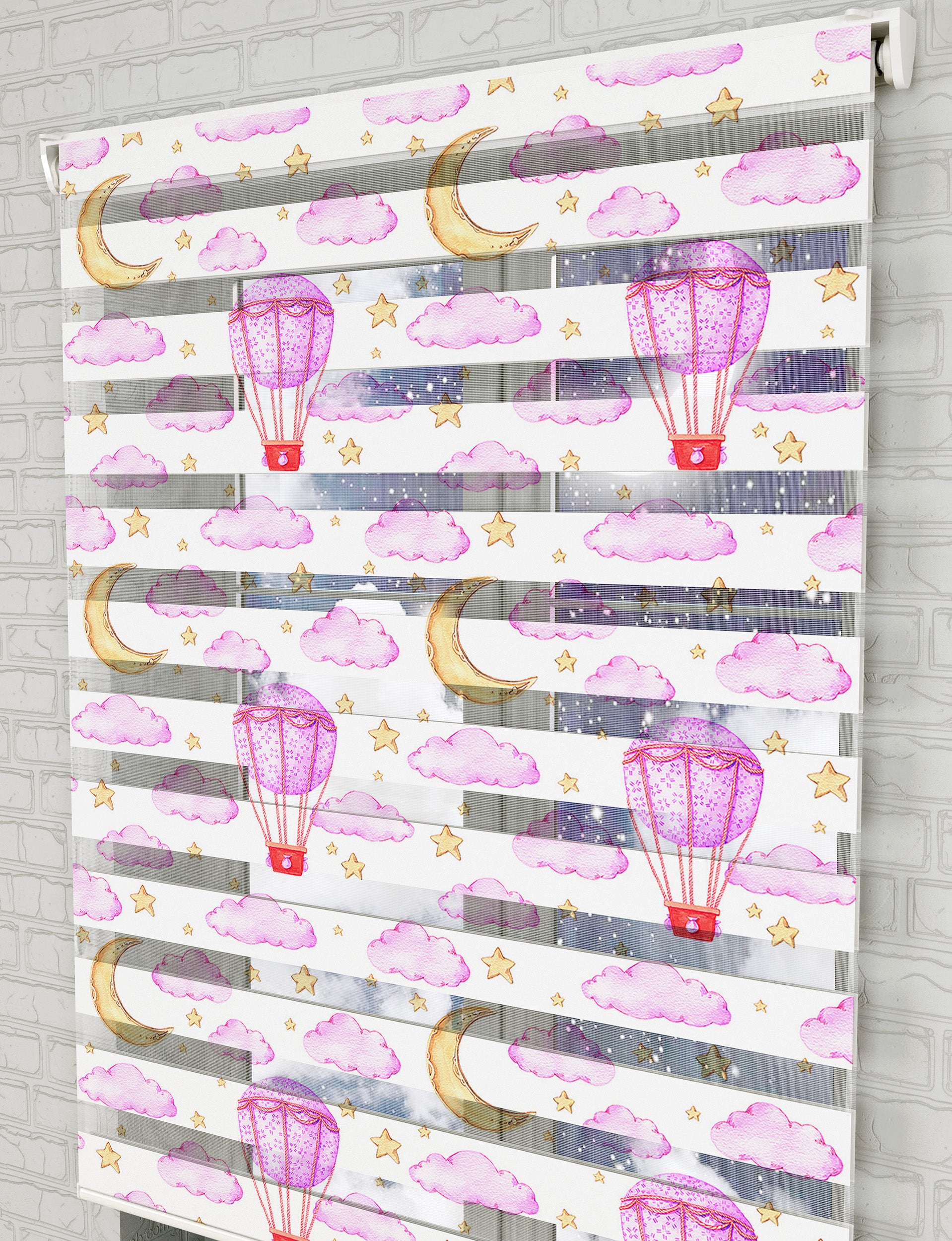 Pembe Bulutlar ve Aydede Baskılı Zebra Perde - Bebek Odası Perdesi - AD HOME Tekstil