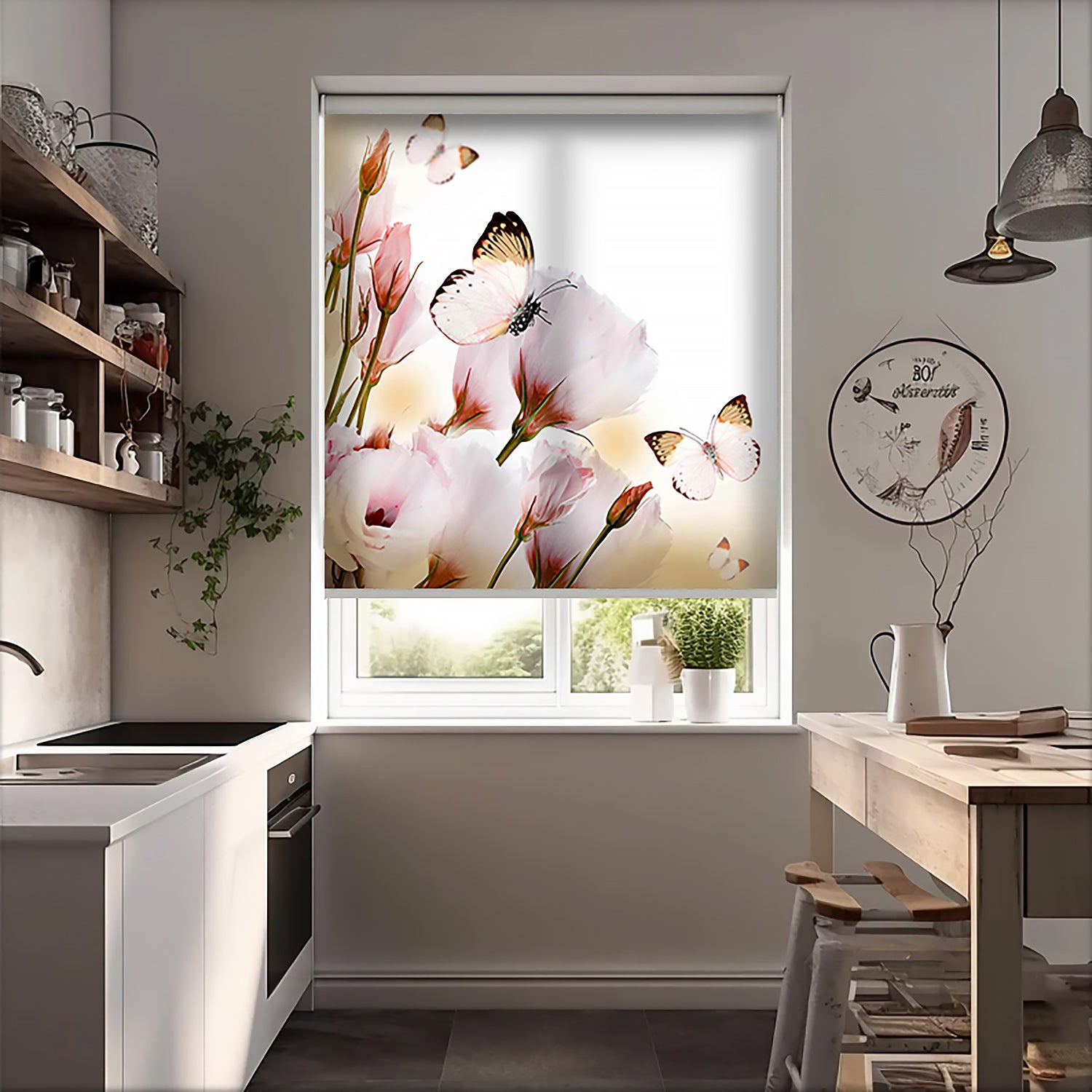 Kelebek ve Çiçekler Baskılı Stor Perde - Baskılı Güneşlik Perdesi - Mutfak Perdesi - AD HOME Tekstil