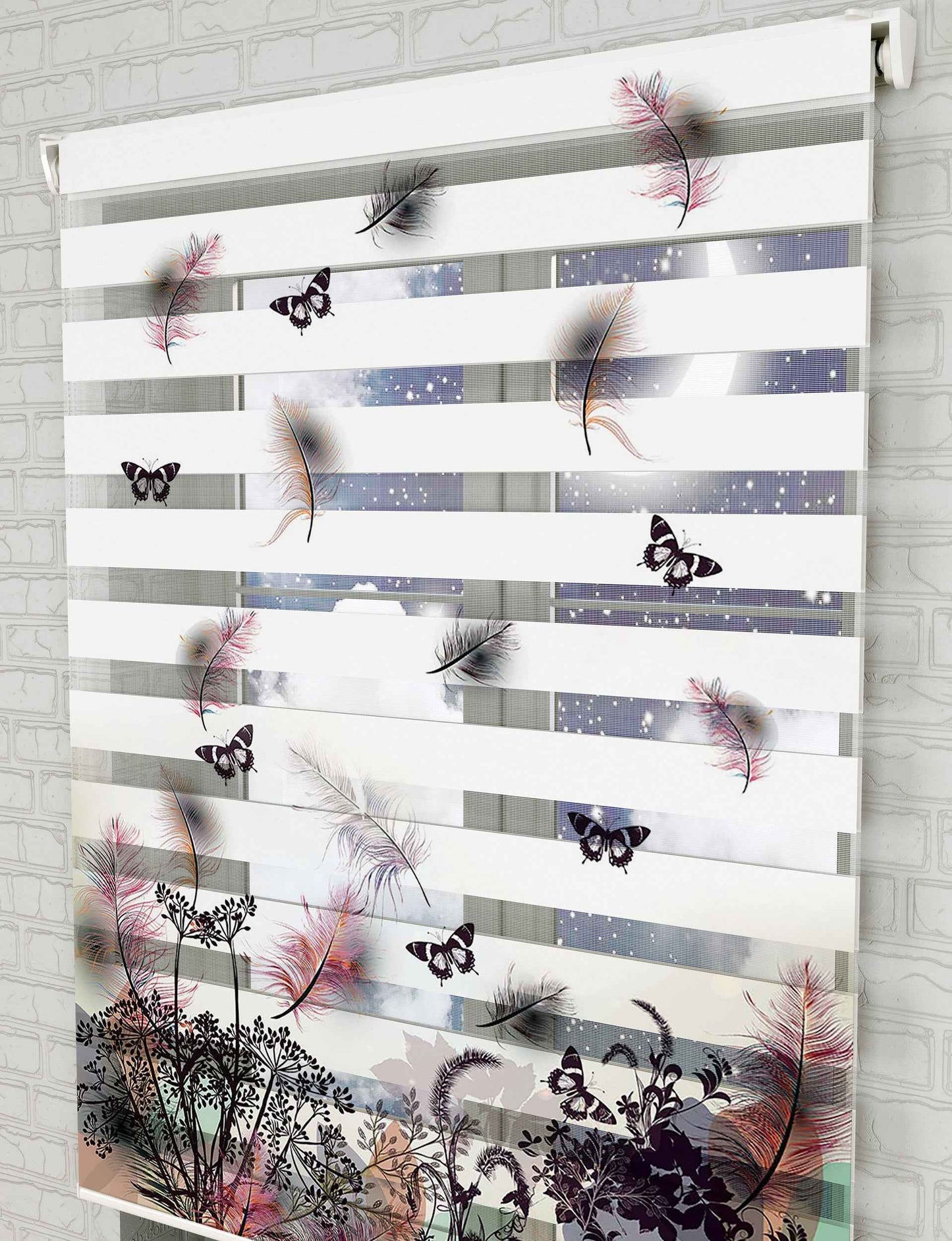 Kelebekler ve Çiçekler Baskılı Zebra Perde - Salon Perdesi - AD HOME Tekstil