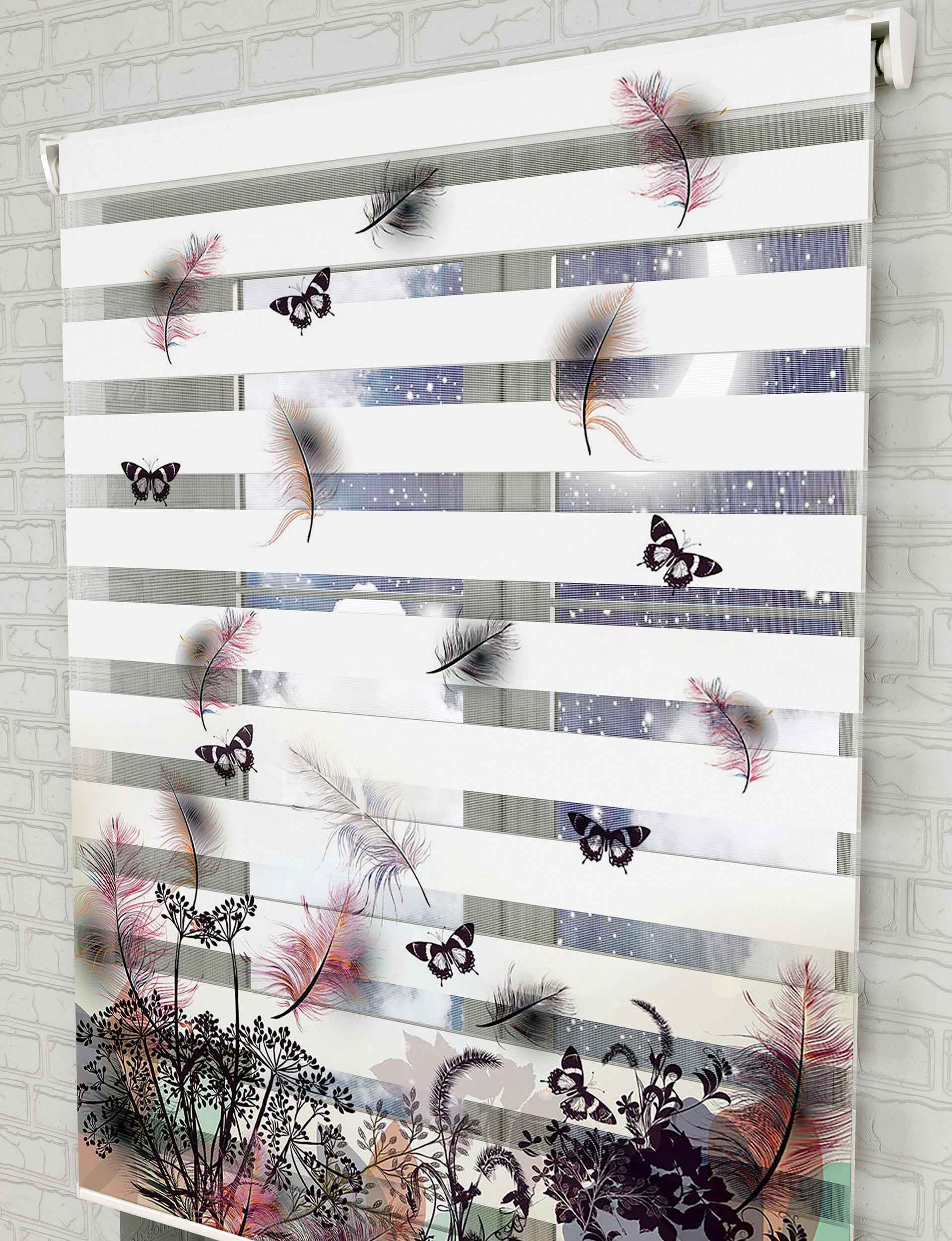 Kelebekler ve Çiçekler Baskılı Zebra Perde - Salon Perdesi - AD HOME Tekstil