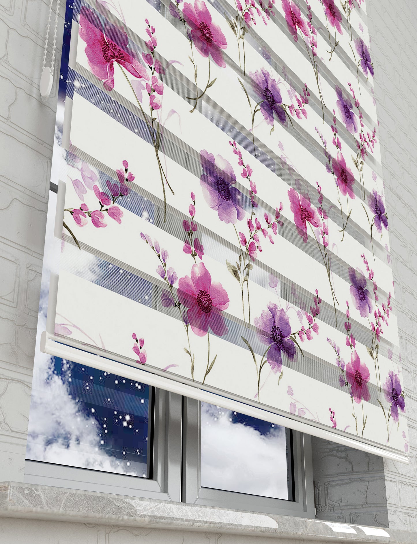 Mor Çiçekler Baskılı Zebra Perde -Salon Perdesi - AD HOME Tekstil