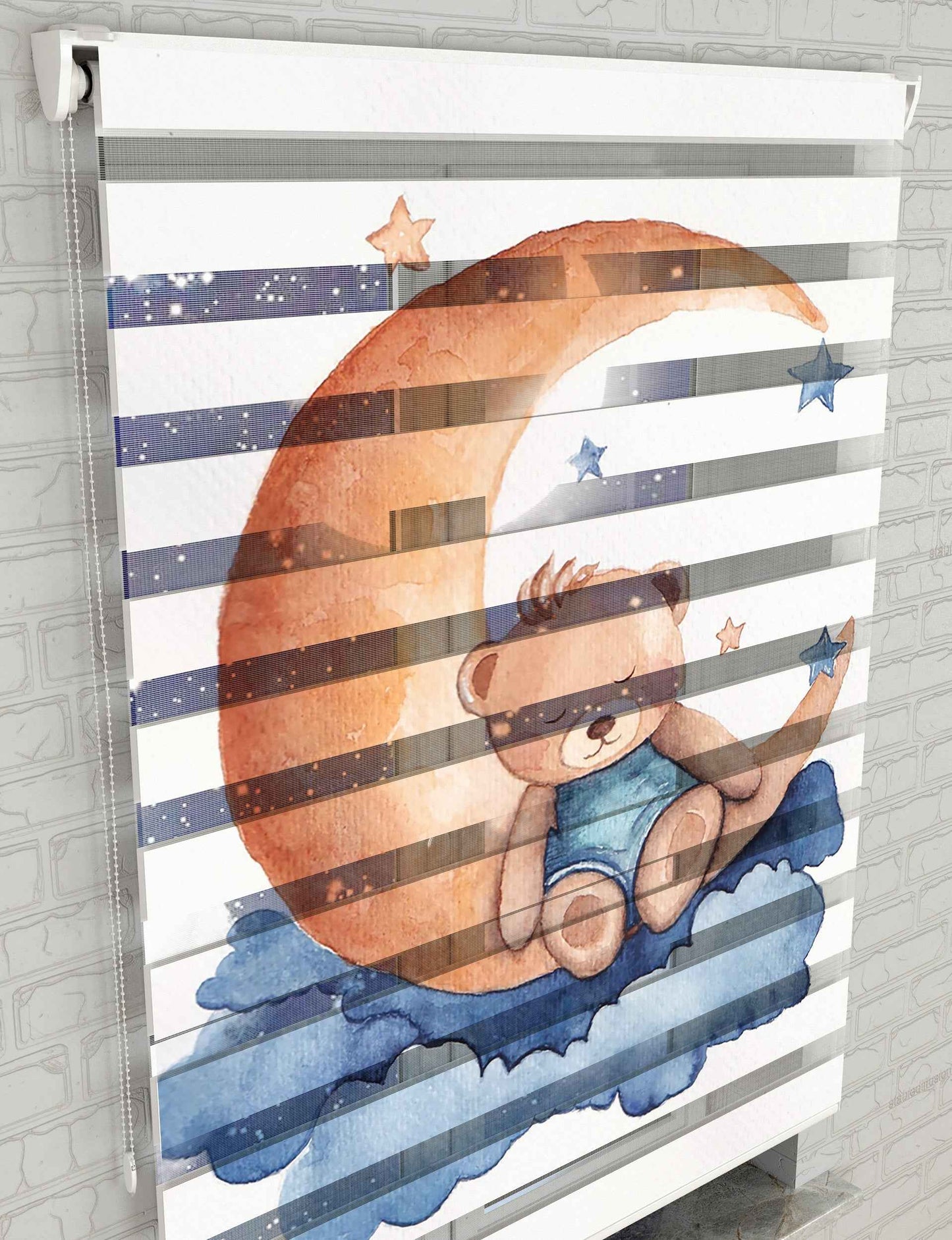Ay Üzerinde Uyuyan Sevimli ayıcık Baskılı Zebra Perde - Bebek Odası Perdesi - AD HOME Tekstil