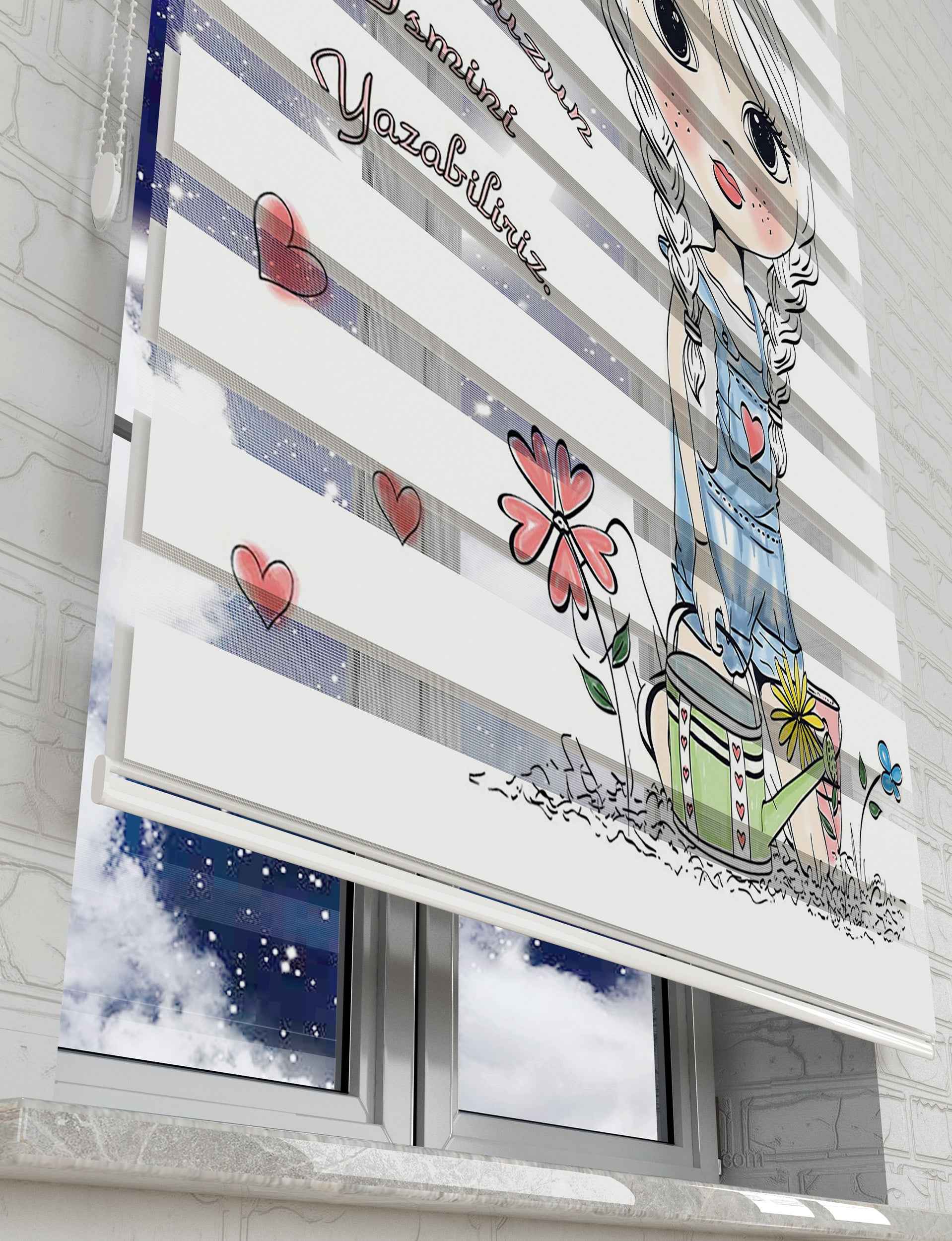 Bahçıvan Kız Vektör Baskılı Zebra Perde - Bebek Odası Perdesi - AD HOME Tekstil
