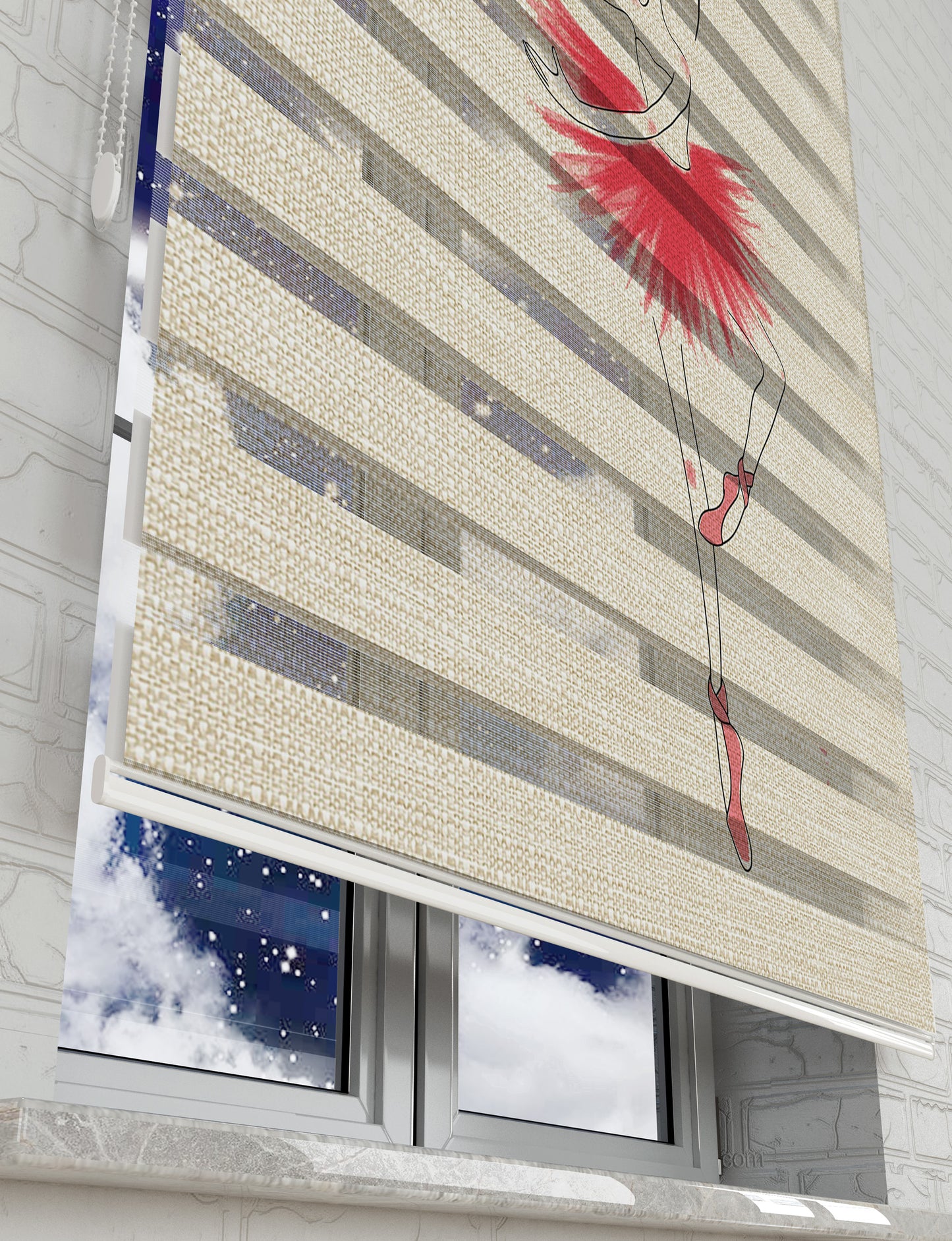 Balerin ve Tavşan Baskılı Zebra Perde - Kız Çocuk Odası Perdesi, Bebek Odası Perdesi - AD HOME Tekstil