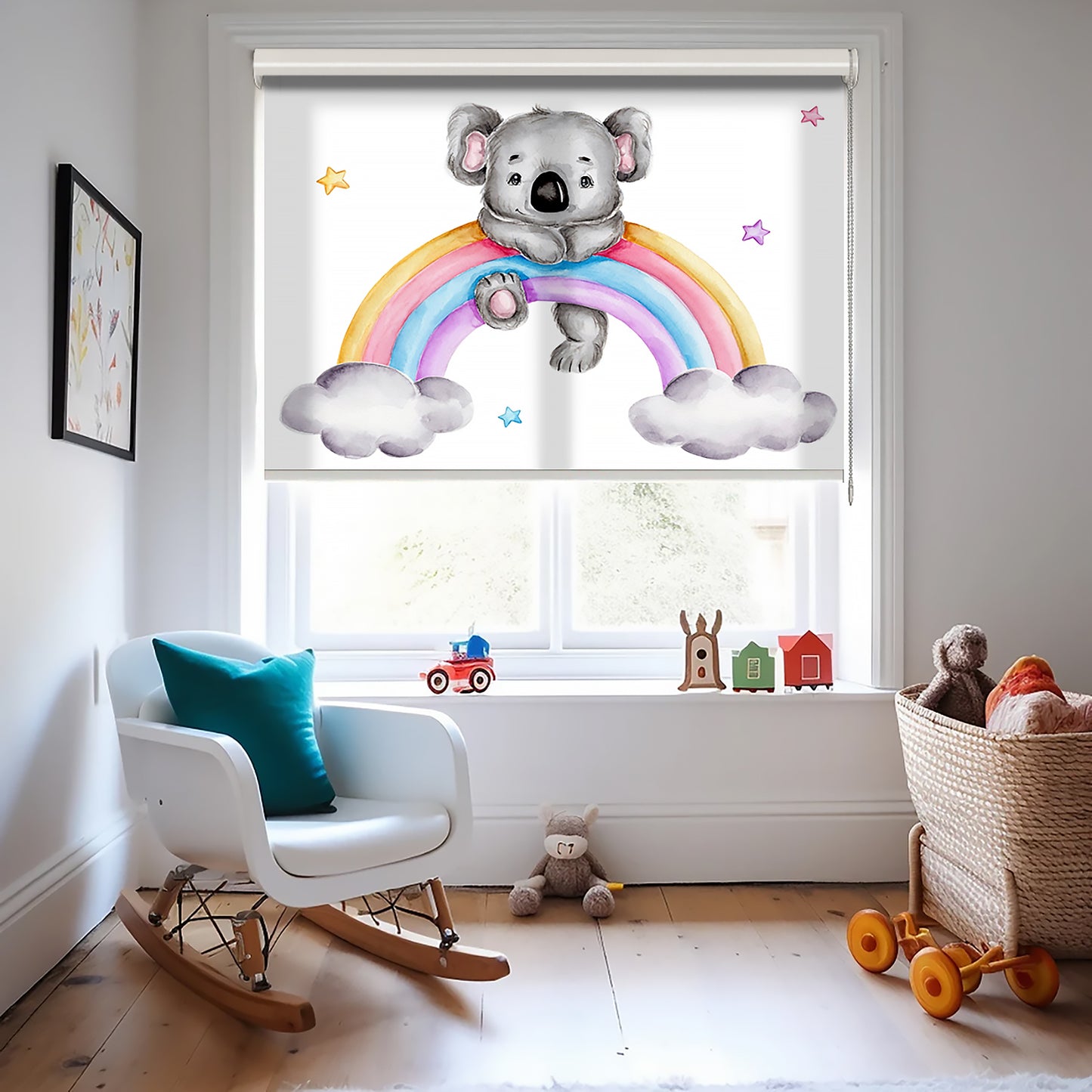 Gökkuşağı ve Sevimli Koala Baskılı Stor Perde - Güneşlik Perdesi - Bebek Odası Perdesi - AD HOME Tekstil