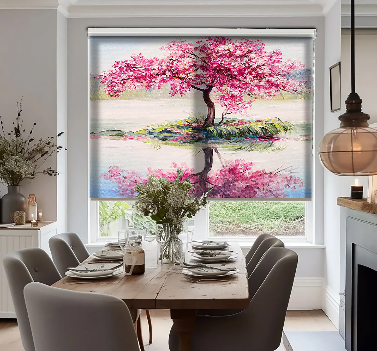 Pembe Ağaç Baskılı Stor Perde - Baskılı Güneşlik Perdesi - Salon Perdesi - AD HOME Tekstil