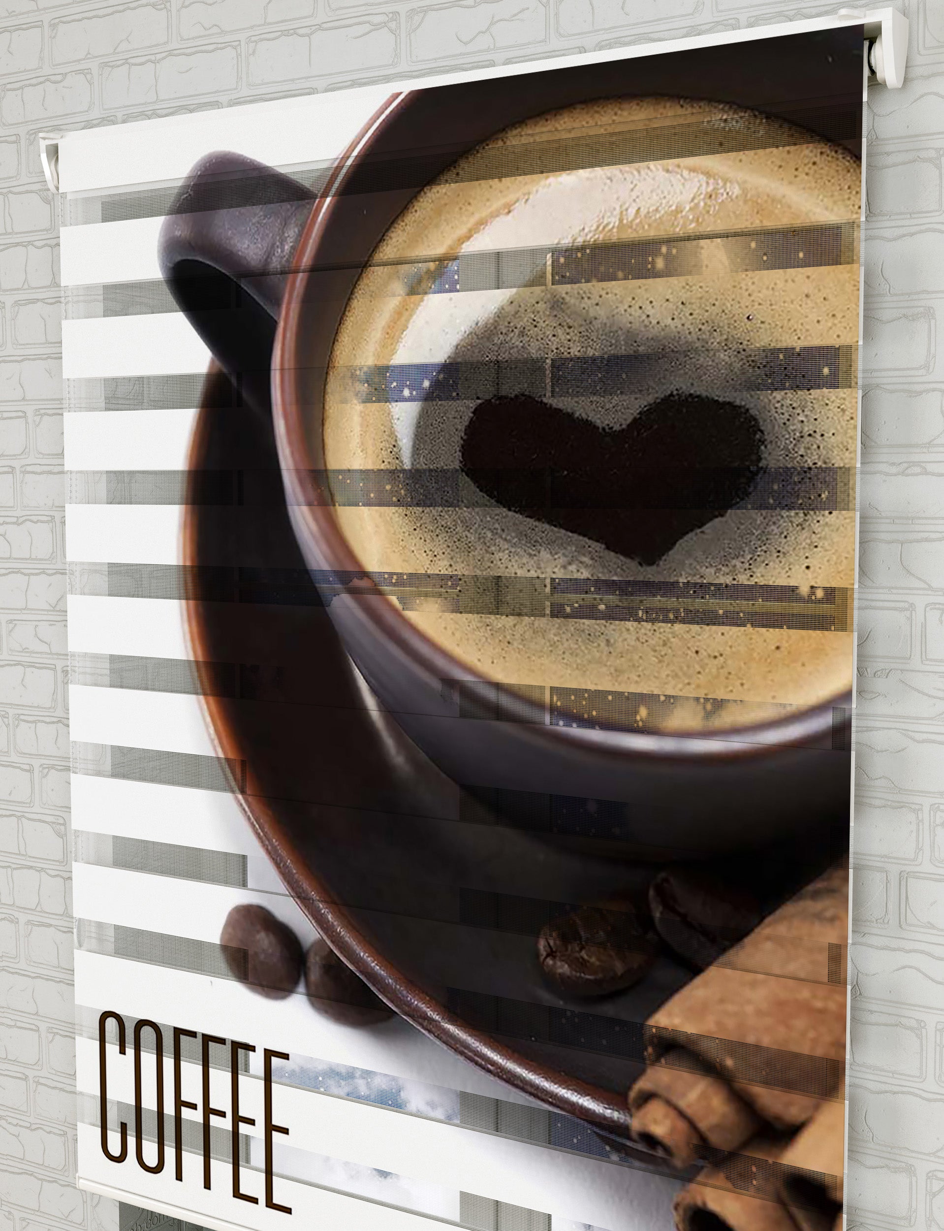 Coffee Kalp Fincan Baskılı Zebra Perde -Mutfak Perdesi - AD HOME Tekstil
