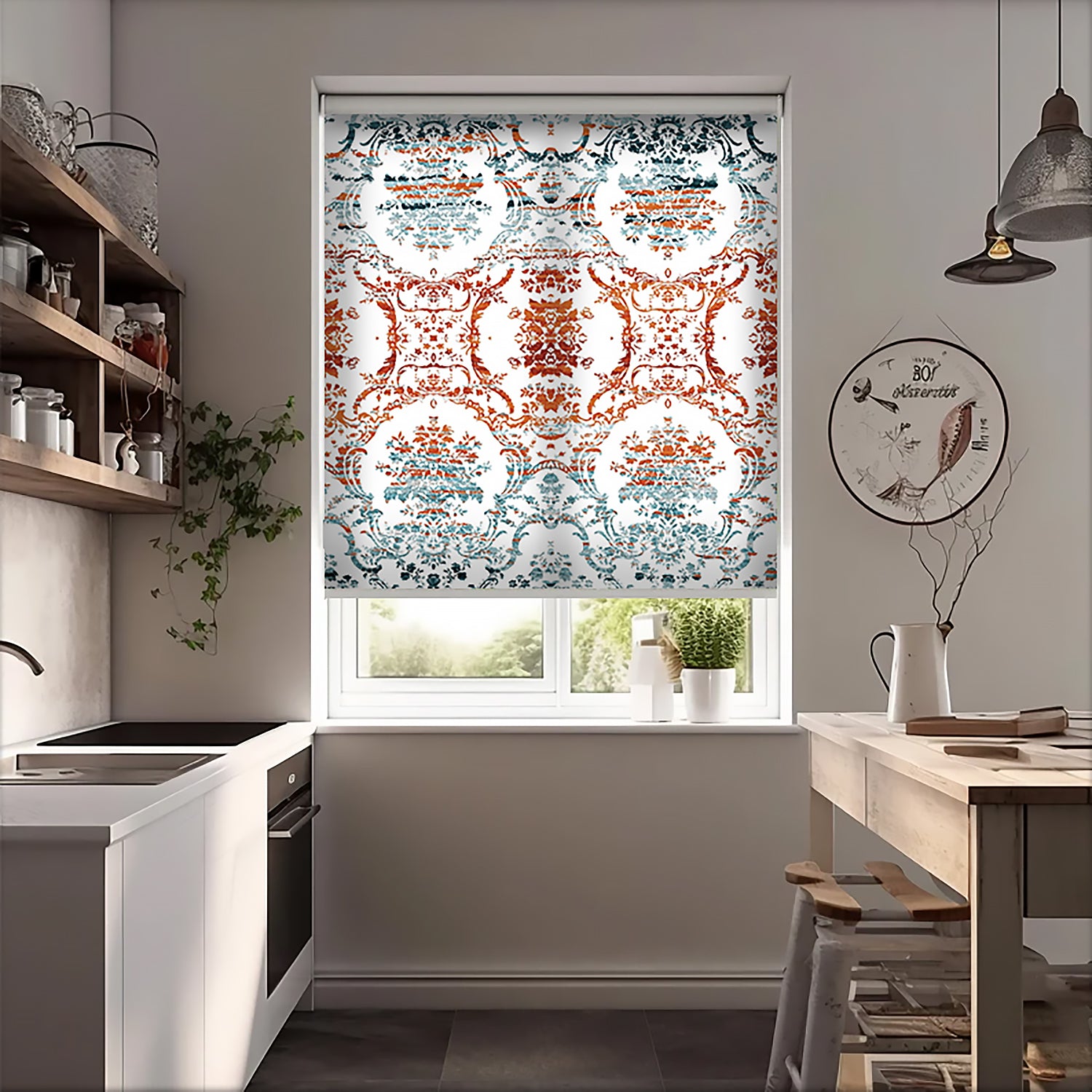 Turuncu Turkuaz Motif Baskılı Stor Perde, Salon Perde, Mutfak Perde, Yatak Odası Perde - AD HOME Tekstil