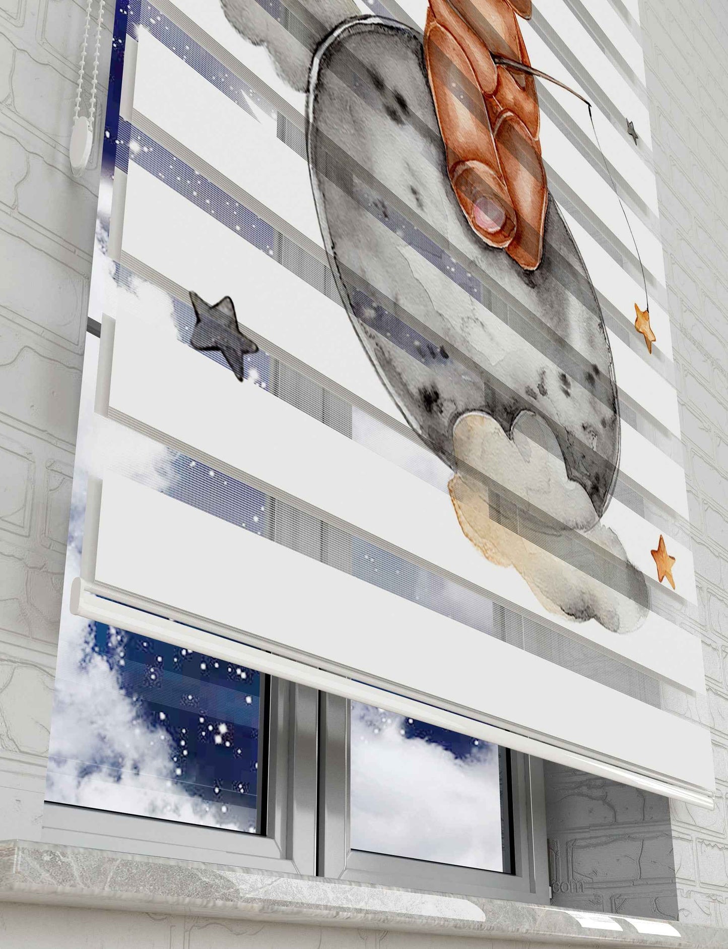 Ayın üstünde Sevimli Ayıcık Baskılı Zebra Perde - Bebek Odası Perdesi - AD HOME Tekstil