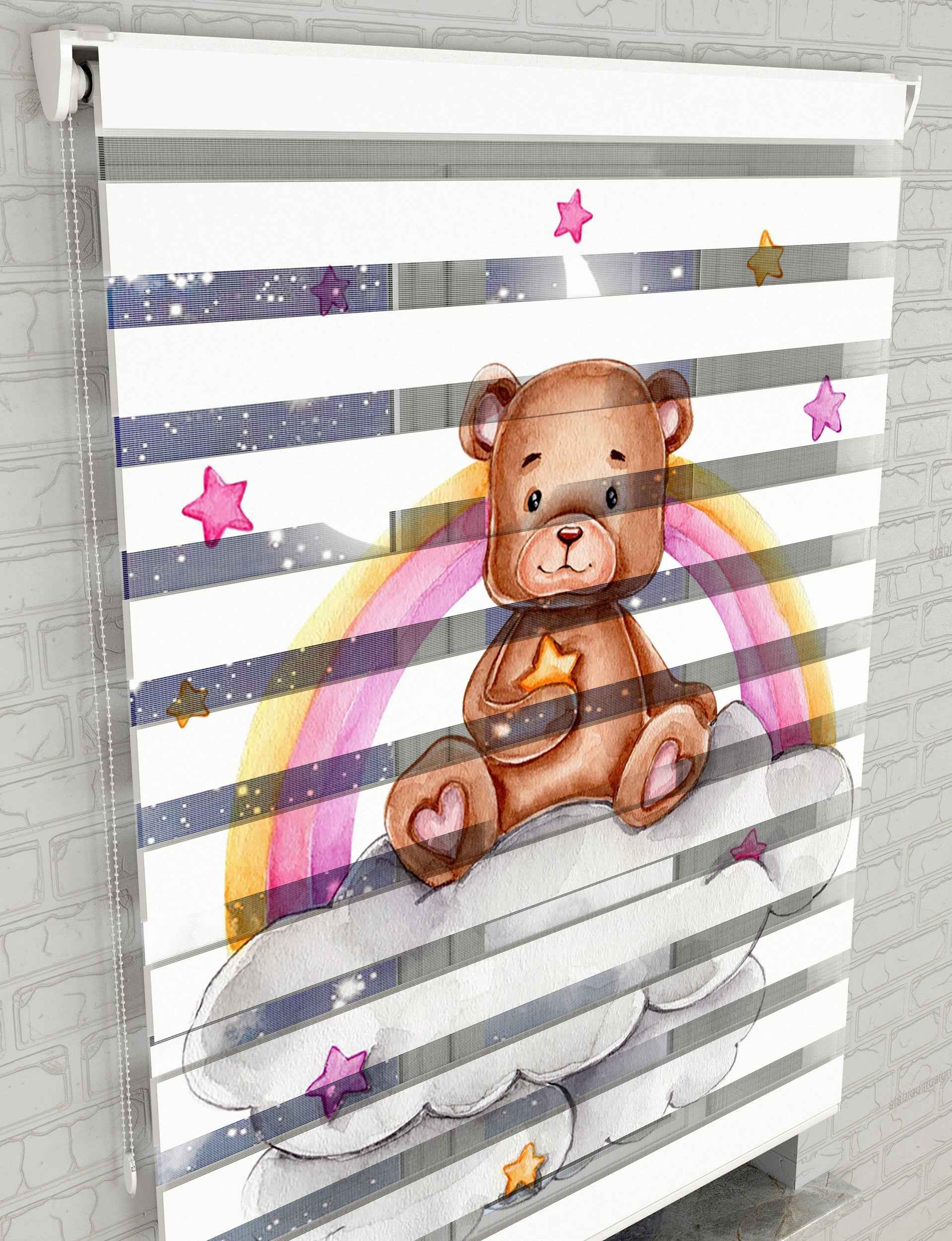Gökkuşağı ve Sevimli Ayıcık Baskılı Zebra Perde - Bebek Odası Perdesi - AD HOME Tekstil