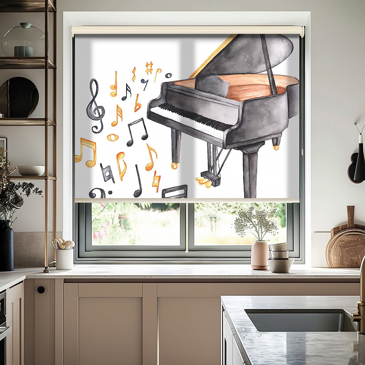 Piano ve Notalar Baskılı Stor Perde - Baskılı Güneşlik Perdesi - Genç Odası Perdesi