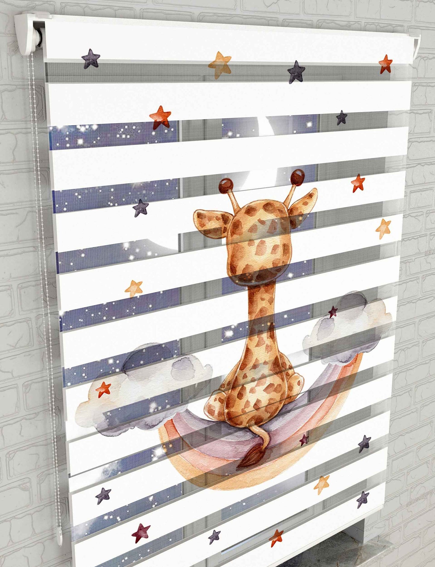 Gökkuşağı ve Sevimli Zürafa Baskılı Zebra Perde - Bebek Odası Perdesi - AD HOME Tekstil