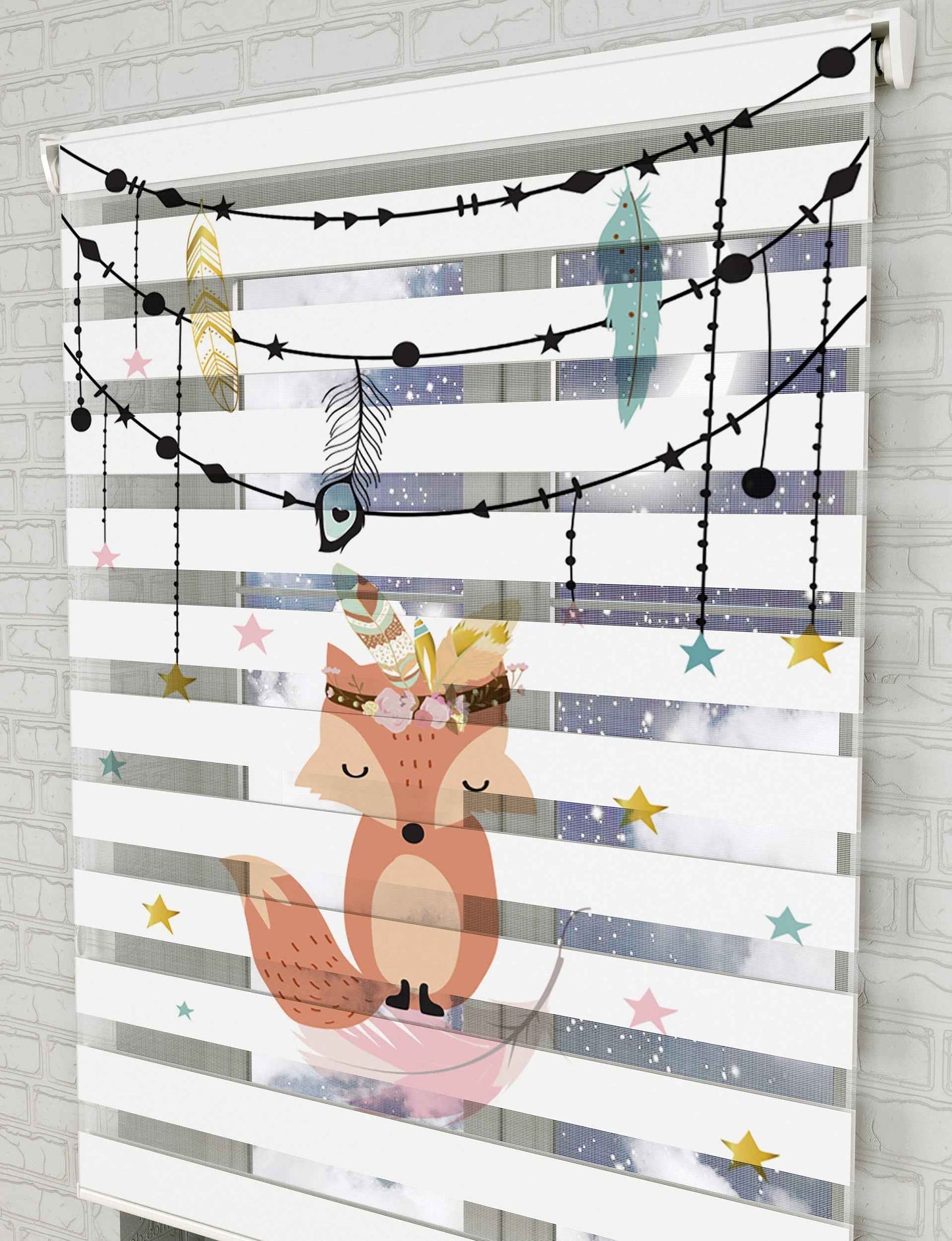Sevimli Tilki Ve Yıldızlar Baskılı Zebra Perde - Çocuk Odası Perdesi - AD HOME Tekstil