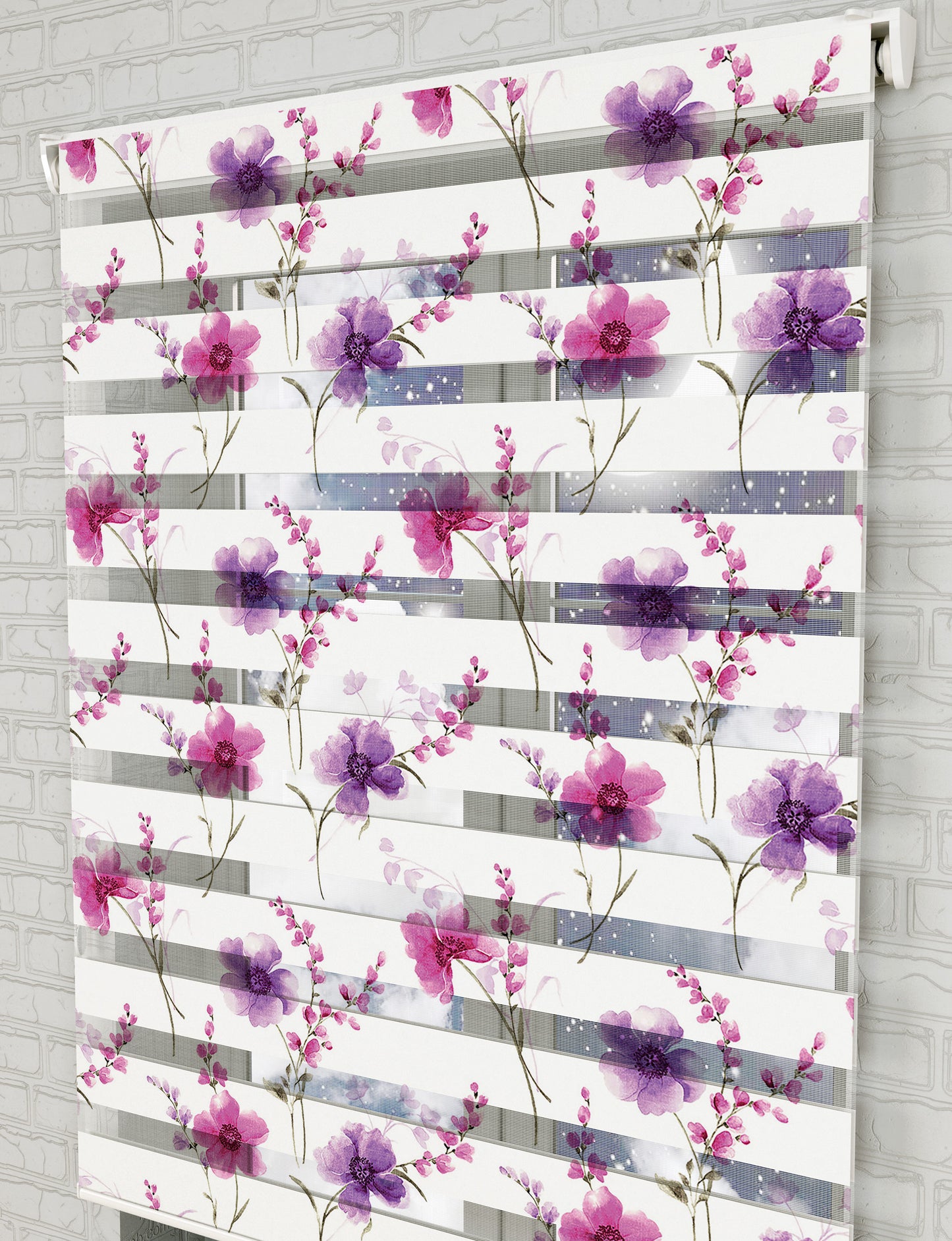 Mor Çiçekler Baskılı Zebra Perde -Salon Perdesi - AD HOME Tekstil