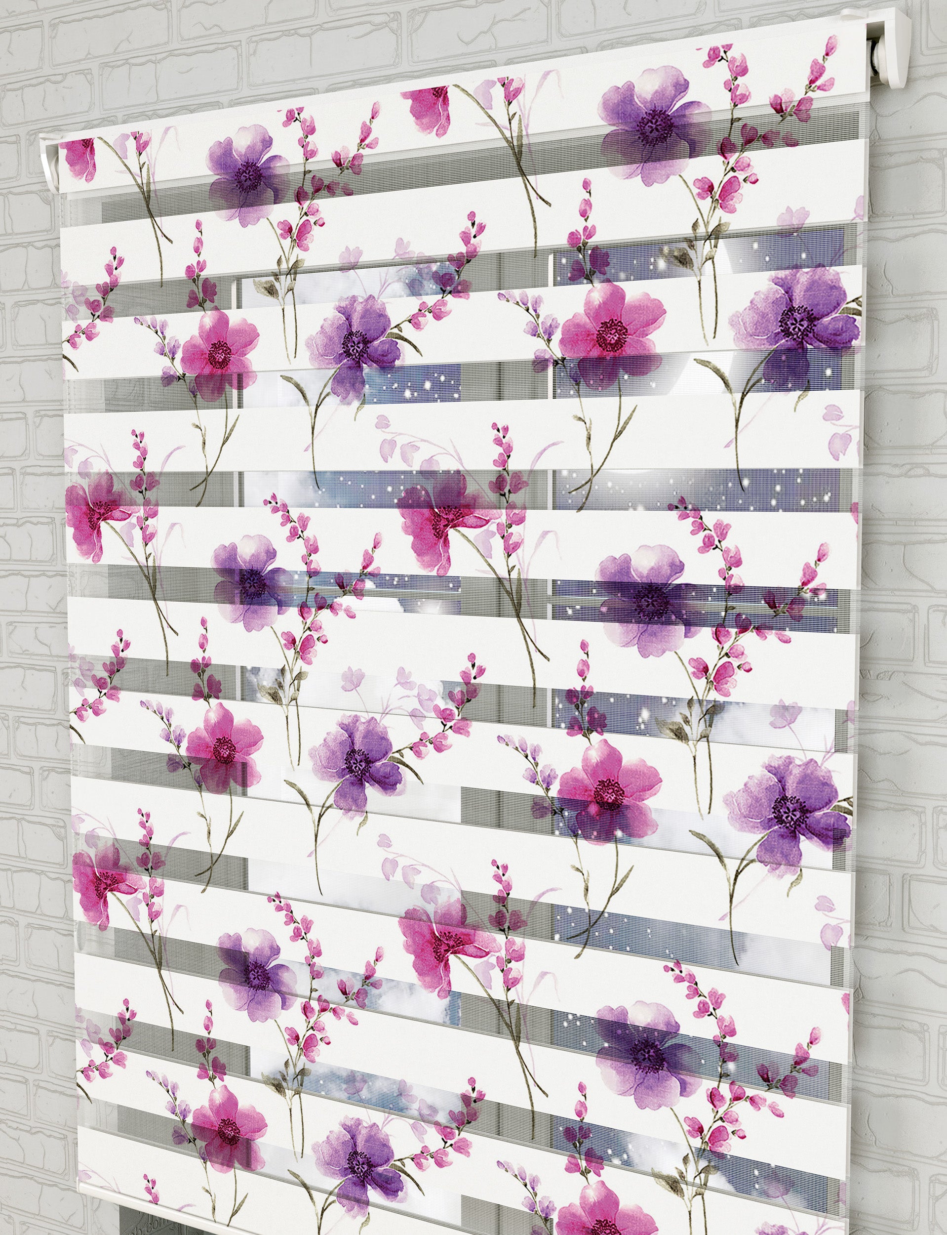 Mor Çiçekler Baskılı Zebra Perde -Salon Perdesi - AD HOME Tekstil