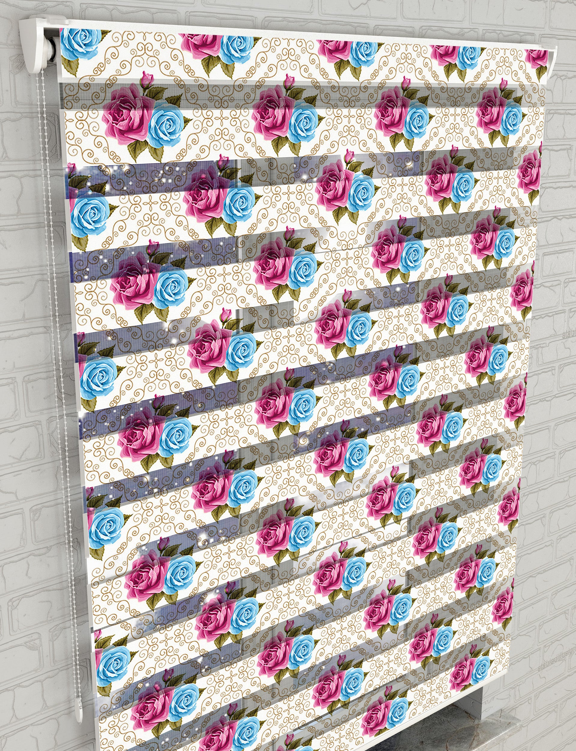 Çiçekler Baskılı Zebra Perde -Salon Perdesi - AD HOME Tekstil