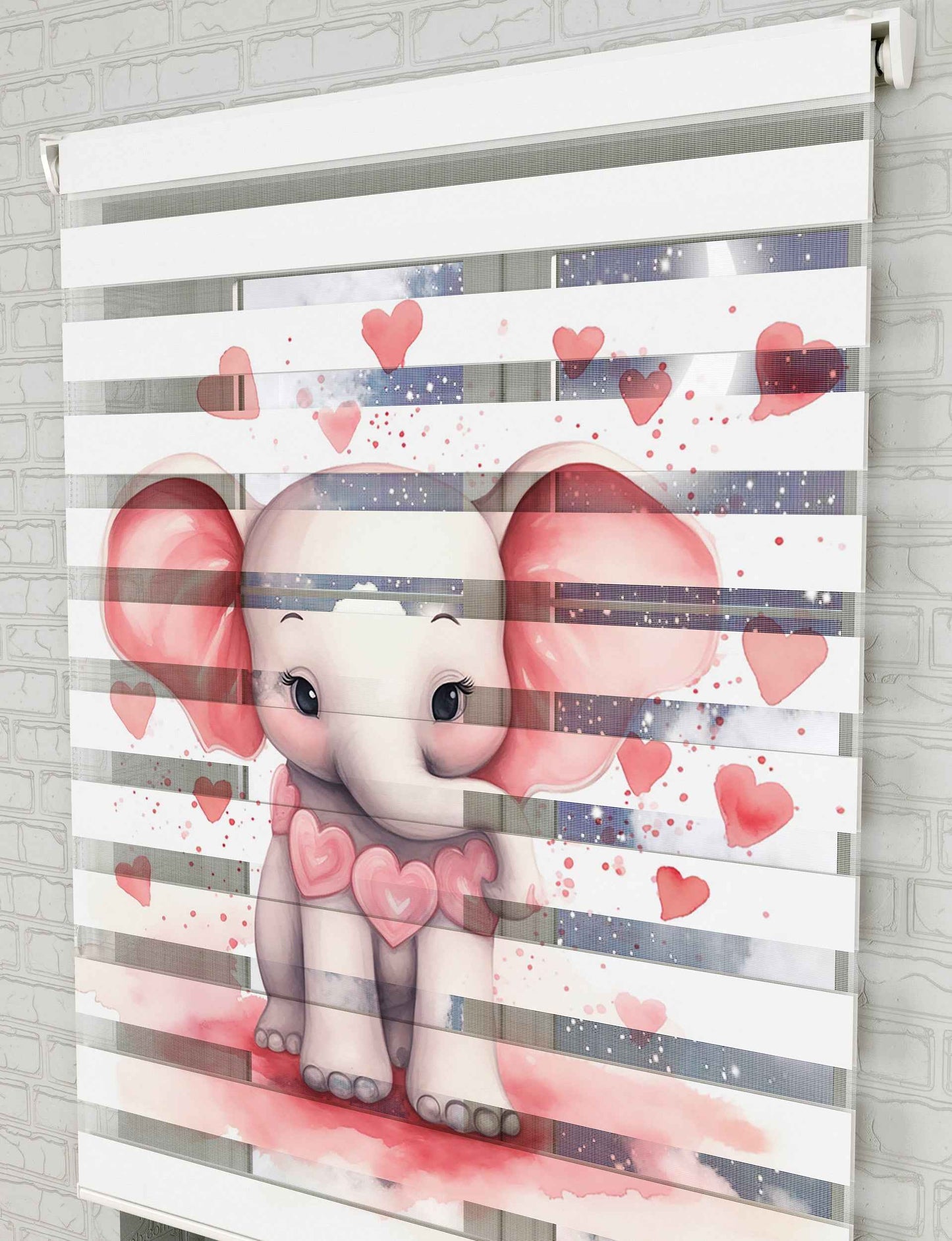 Pembe Kalpler ve Fil Baskılı Zebra Perde - Bebek Odası Perdesi, Kız Çocuk Odası Perde - AD HOME Tekstil