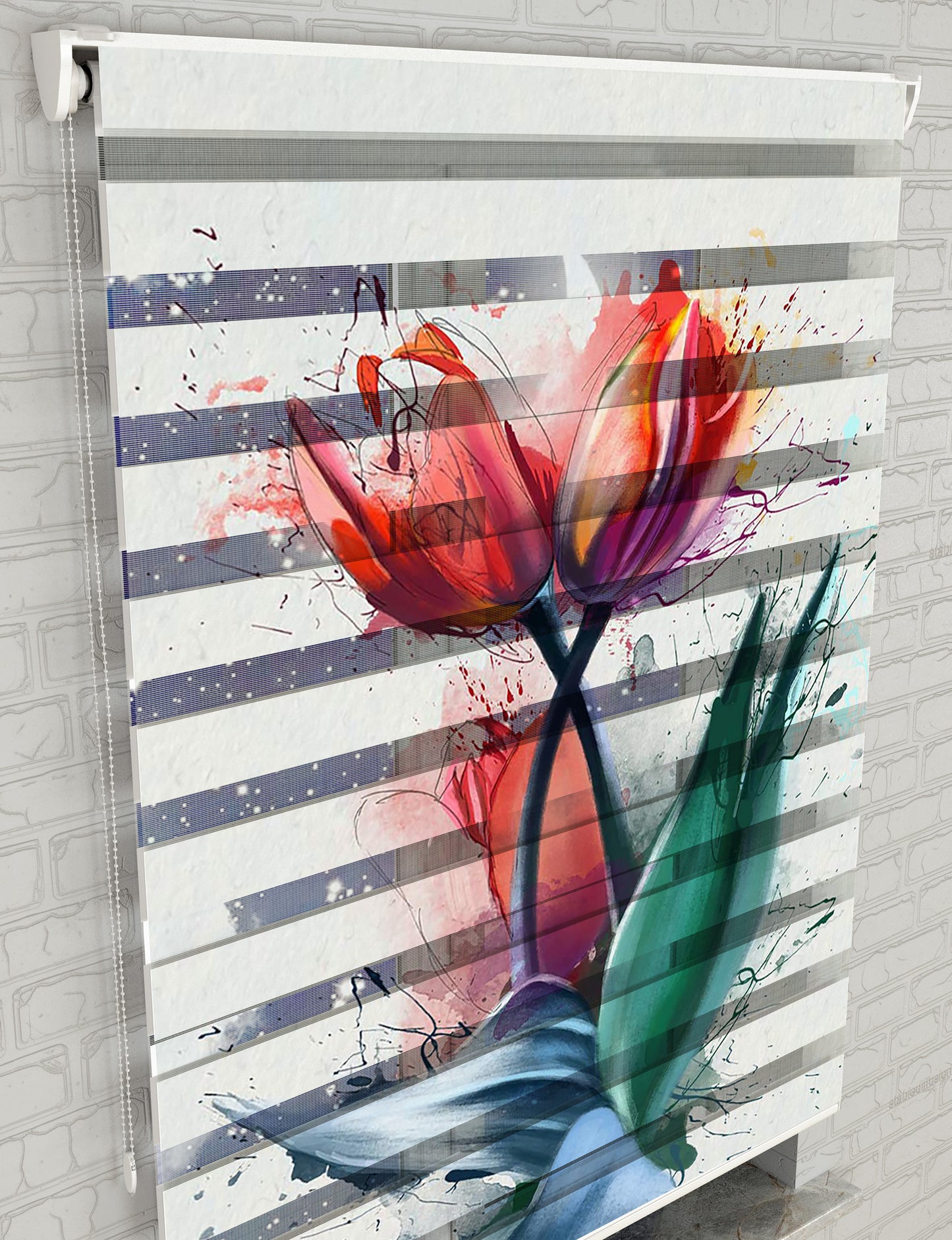 Laleler İllustrasyon Baskılı Zebra Perde -Salon Perdesi - AD HOME Tekstil