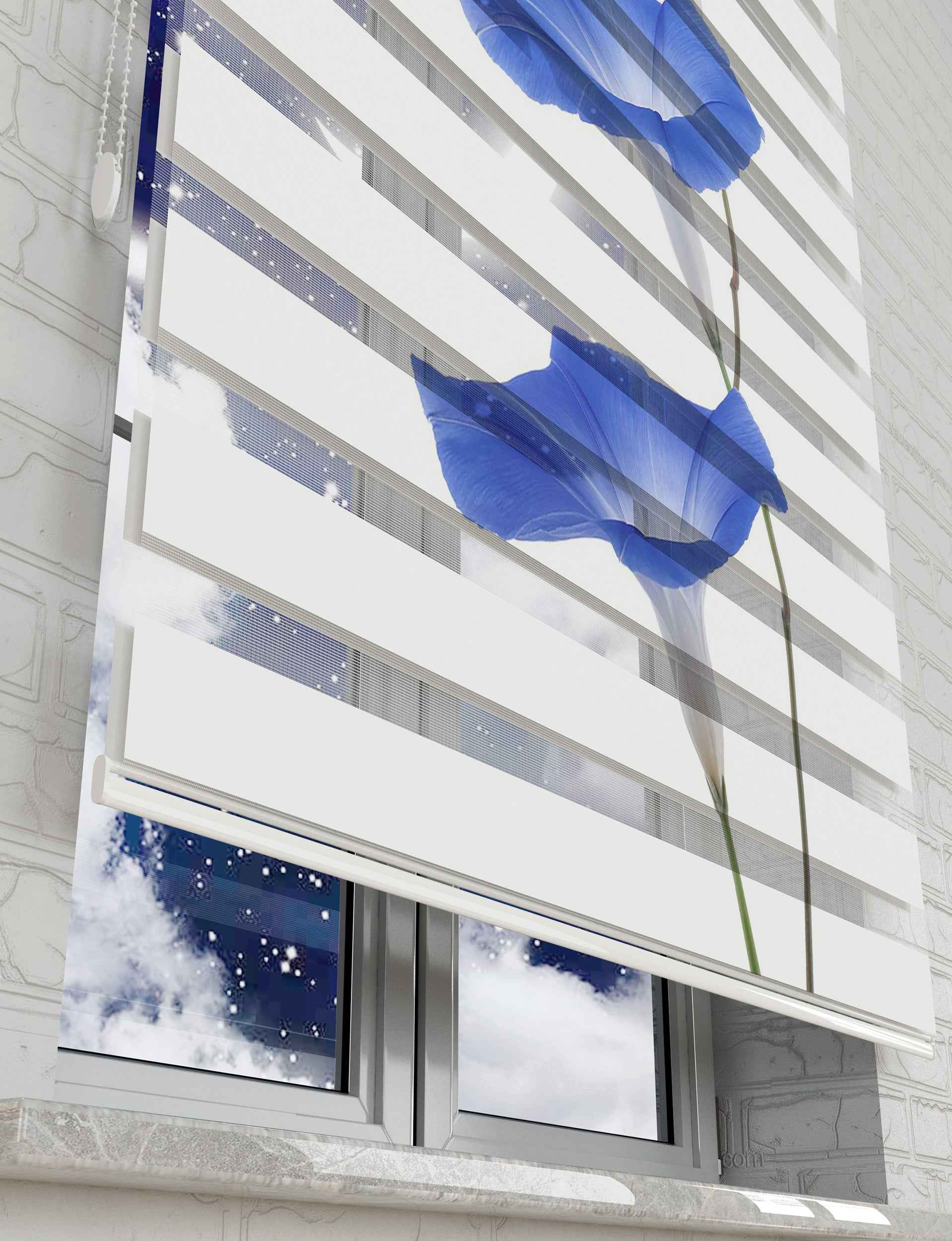 Mavi 3 Çiçek Baskılı Zebra Perde -Mutfak Perdesi - AD HOME Tekstil