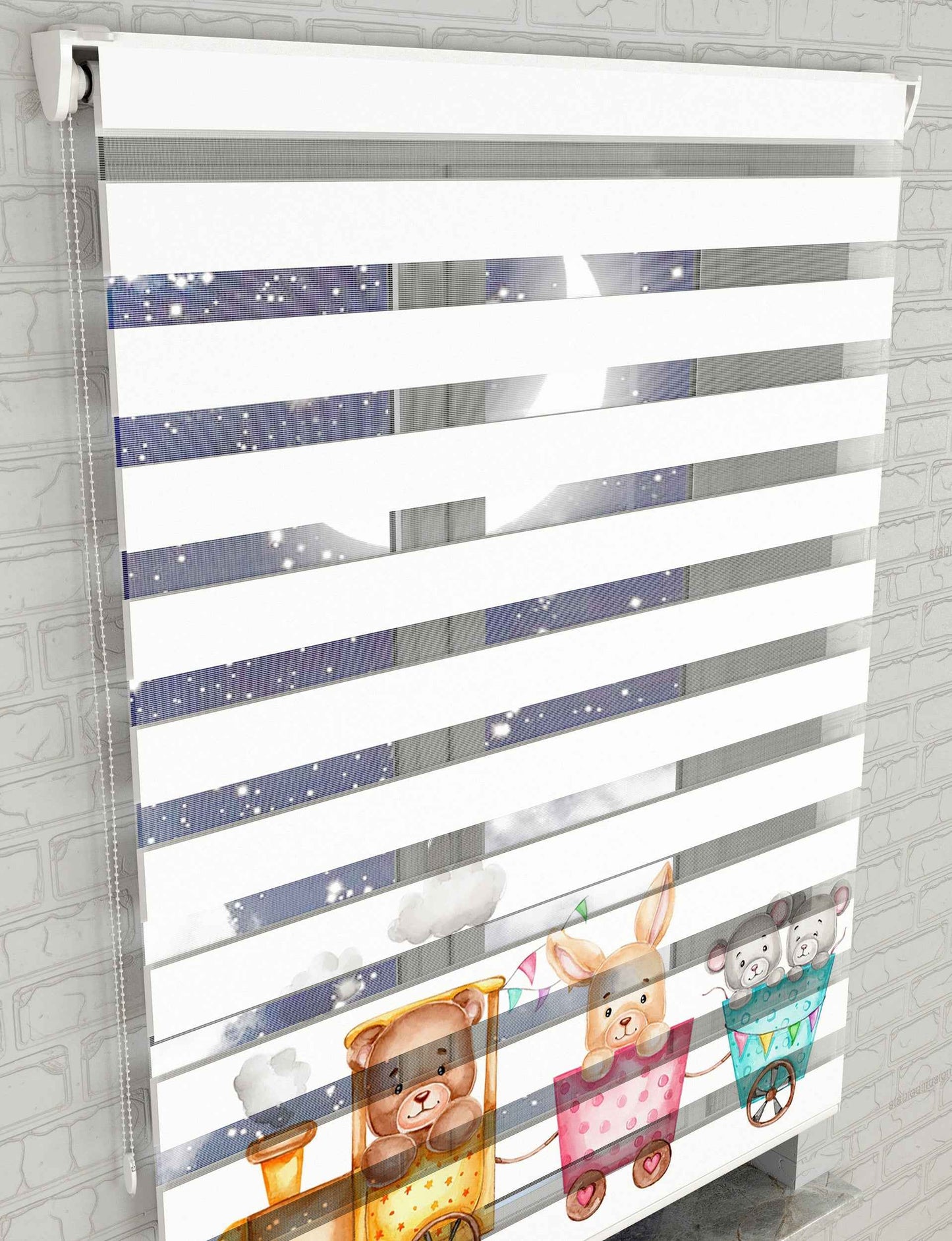 Renkli Tren ve Sevimli Hayvanlar Baskılı Zebra Perde - Bebek Odası Perdesi - AD HOME Tekstil