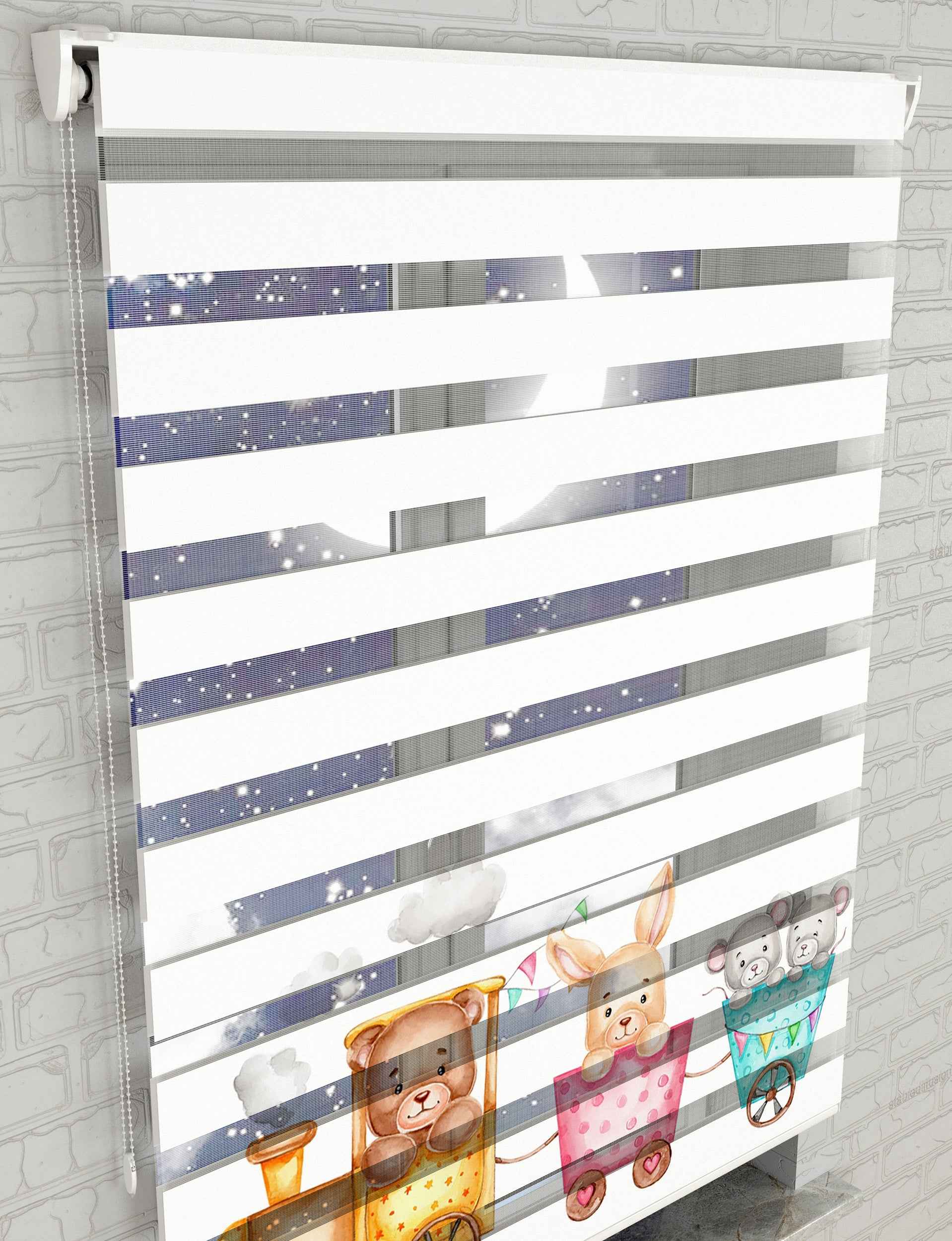 Renkli Tren ve Sevimli Hayvanlar Baskılı Zebra Perde - Bebek Odası Perdesi - AD HOME Tekstil