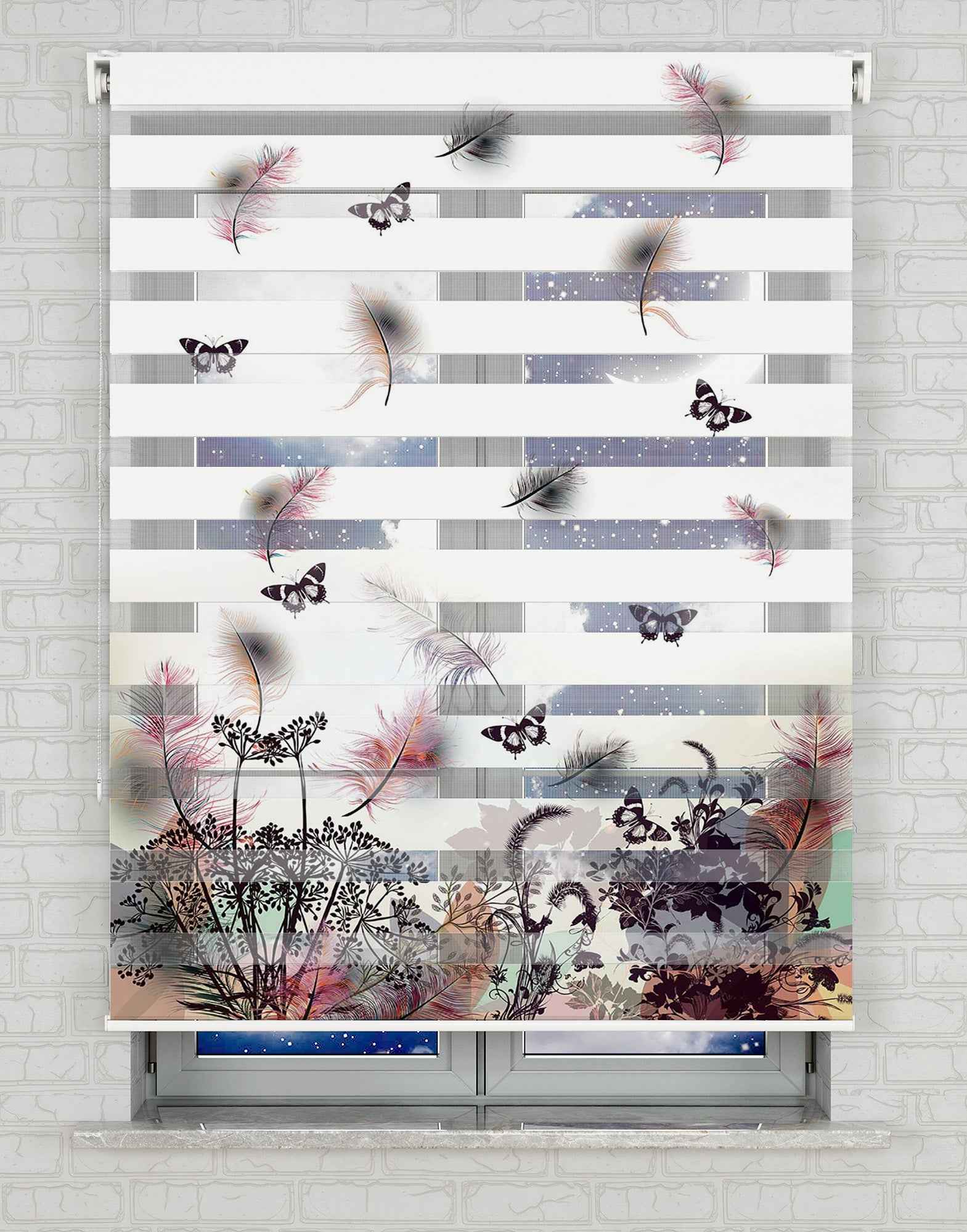 Kelebekler ve Çiçekler Baskılı Zebra Perde - Salon Perdesi