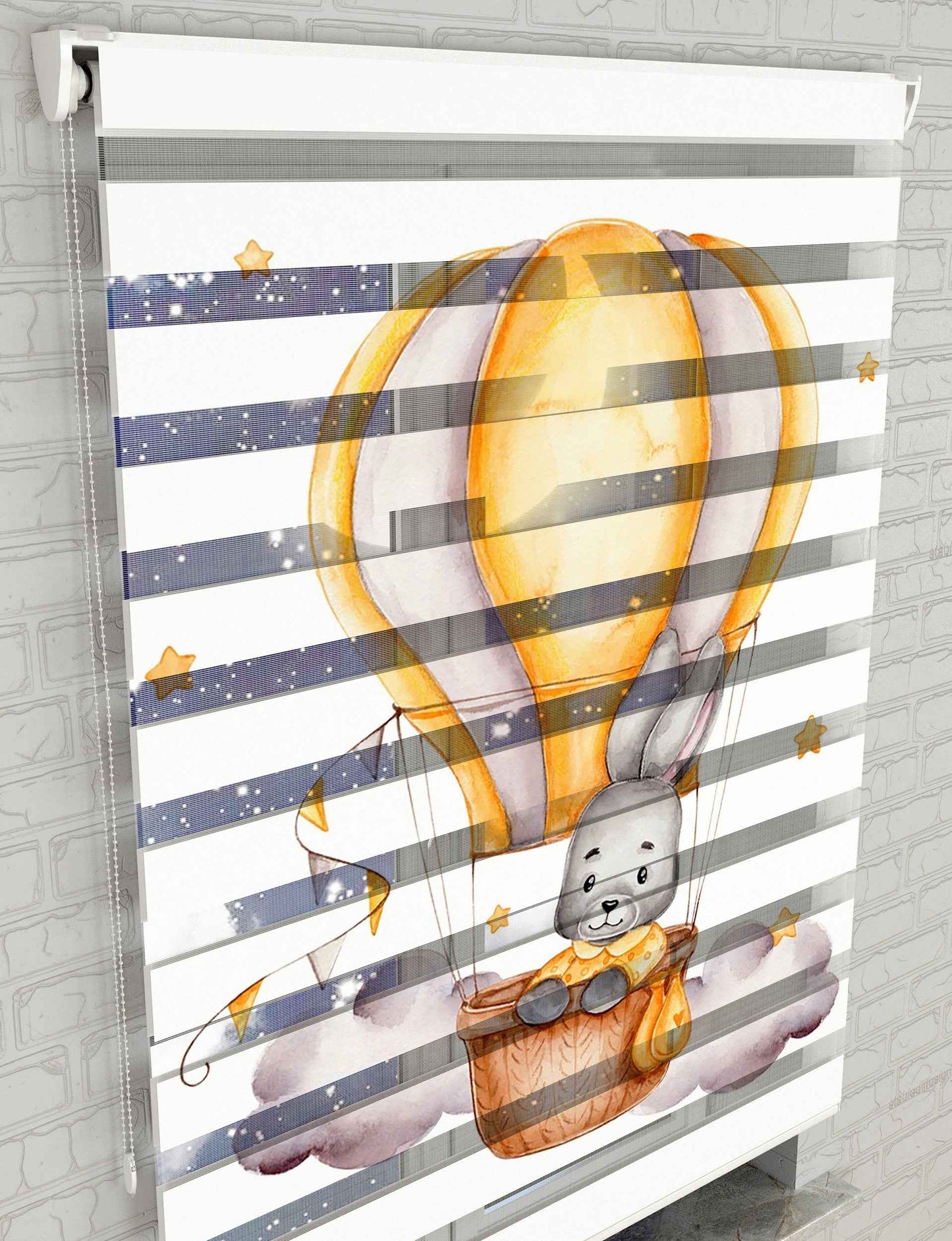 Balon ve Sevimli Tavşan Baskılı Zebra Perde - Bebek Odası Perdesi - AD HOME Tekstil