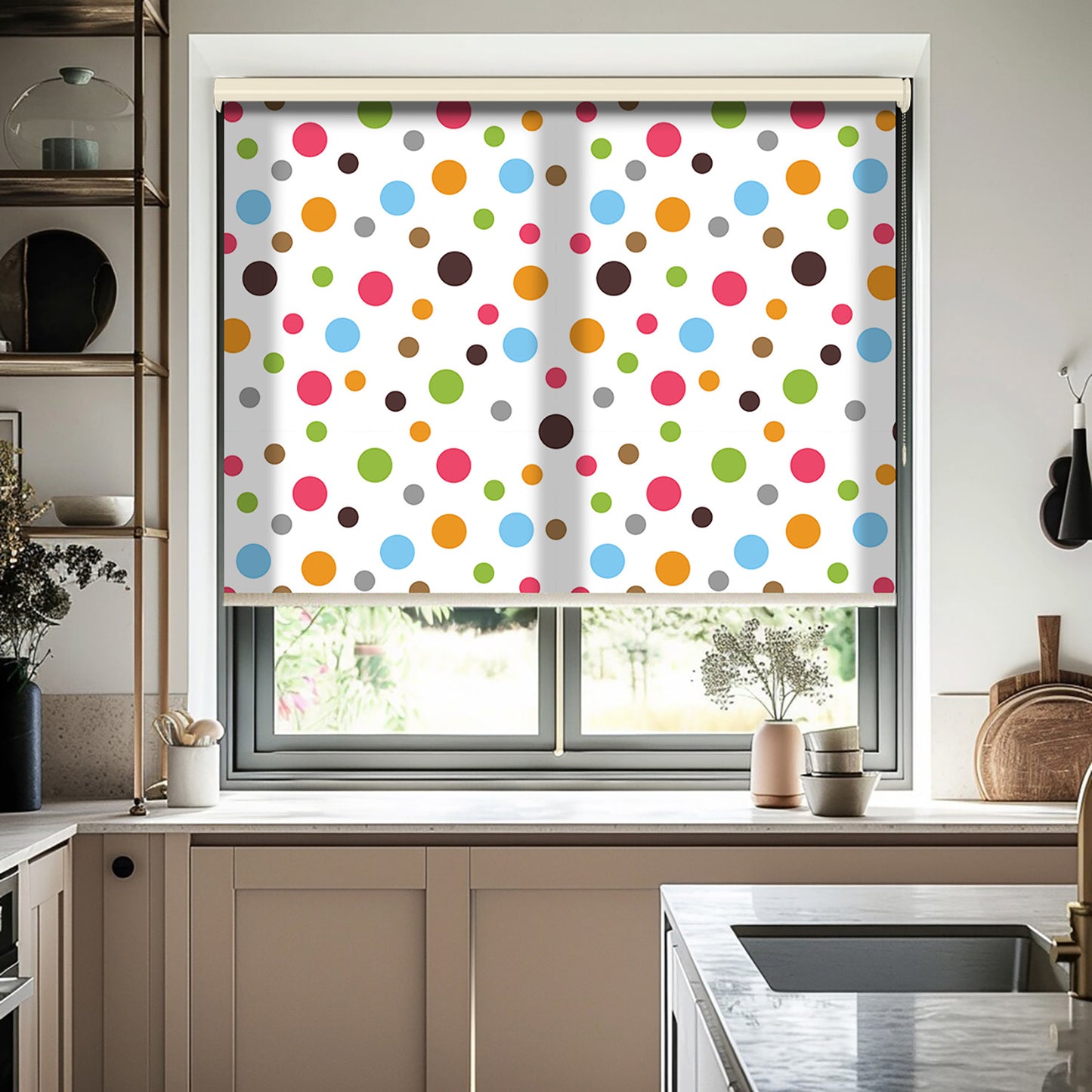 Renkli Puantiyeler Baskılı Stor Perde - Baskılı Güneşlik Perdesi - Salon Perdesi - AD HOME Tekstil