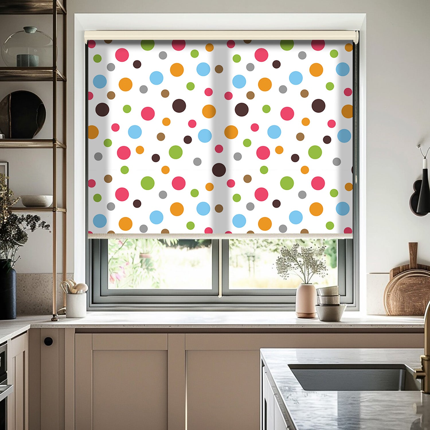 Renkli Puantiyeler Baskılı Stor Perde - Baskılı Güneşlik Perdesi - Salon Perdesi - AD HOME Tekstil