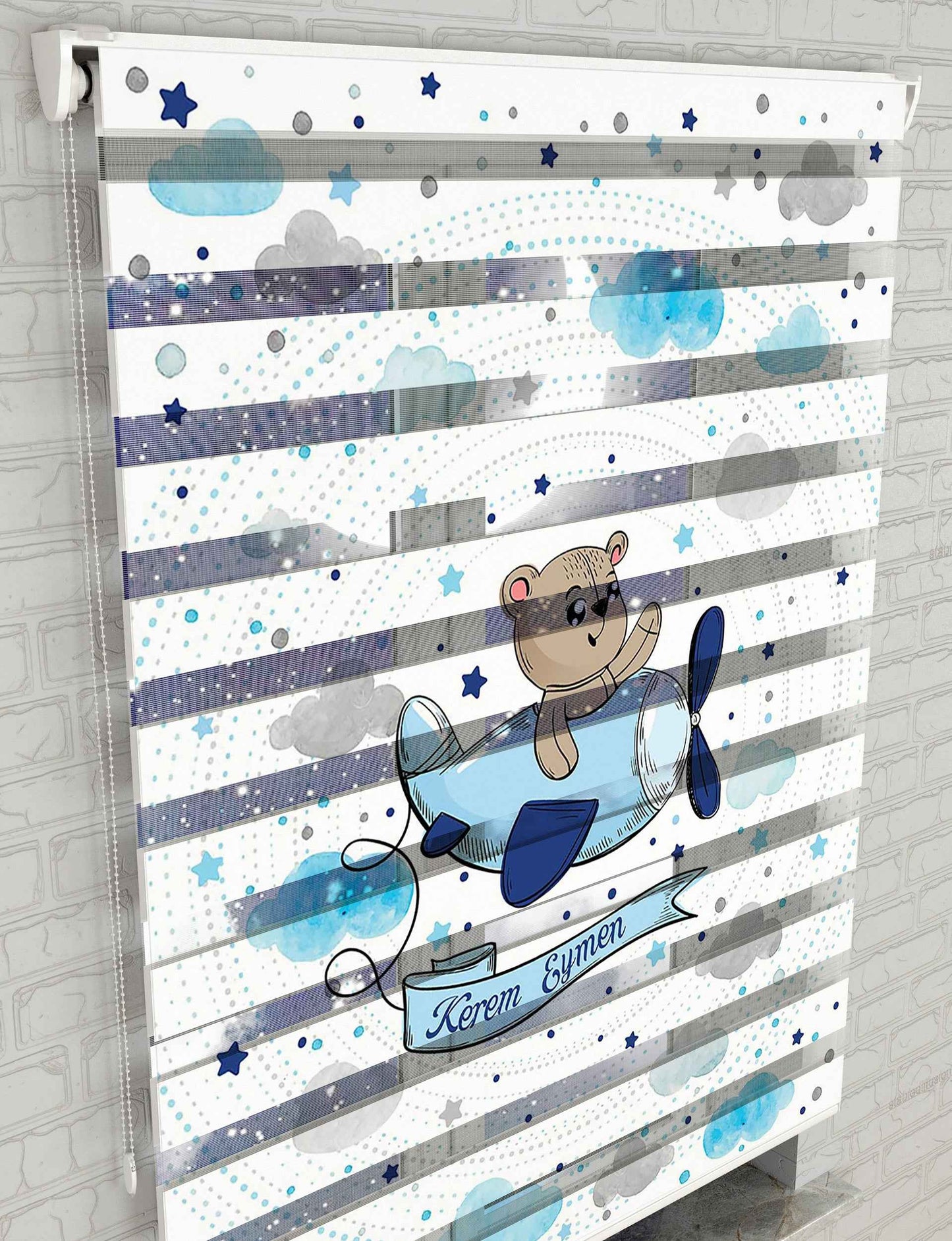 Ayıcık ve Uçak Vektör Baskılı Zebra Perde - Bebek Odası Perdesi - AD HOME Tekstil