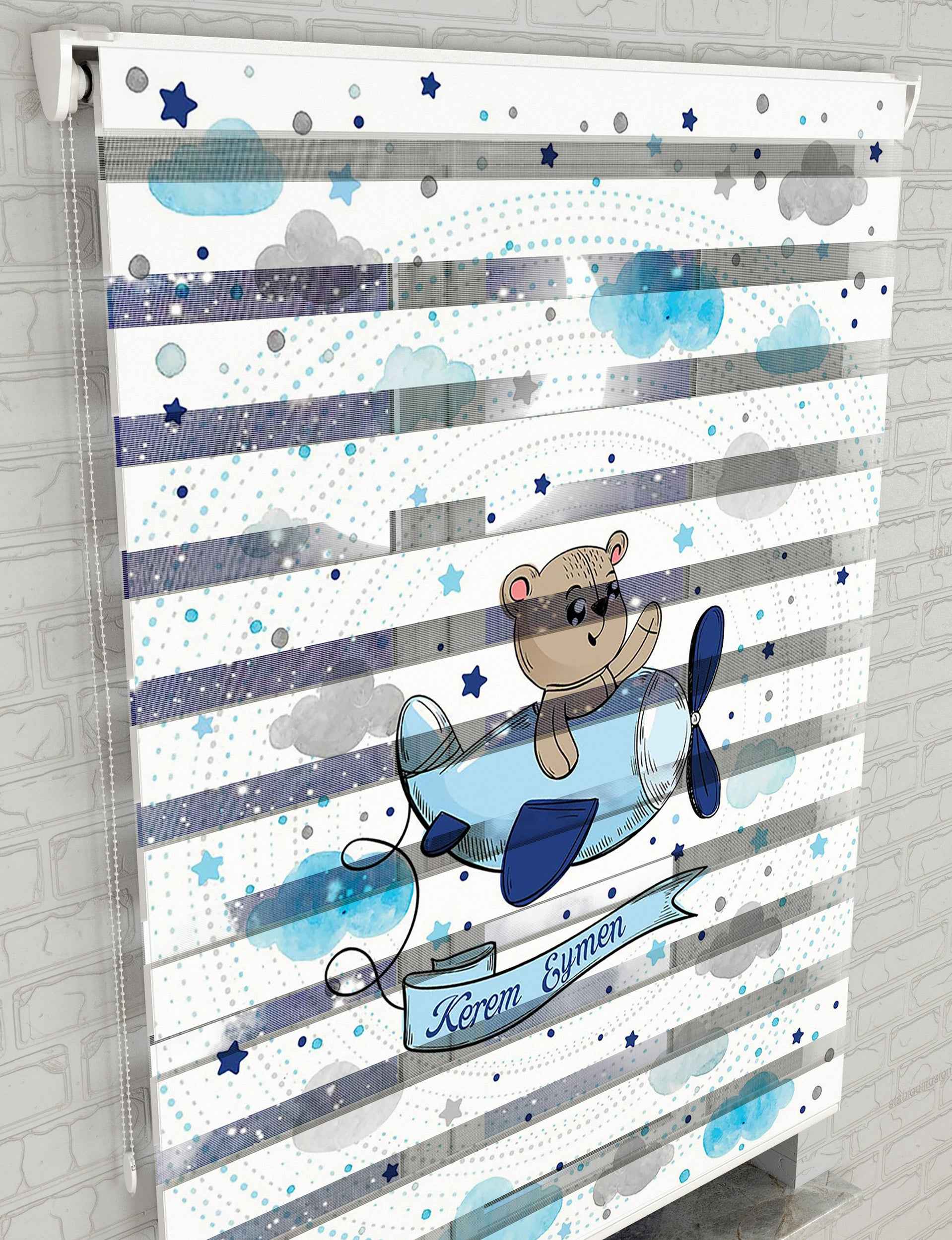 Ayıcık ve Uçak Vektör Baskılı Zebra Perde - Bebek Odası Perdesi - AD HOME Tekstil